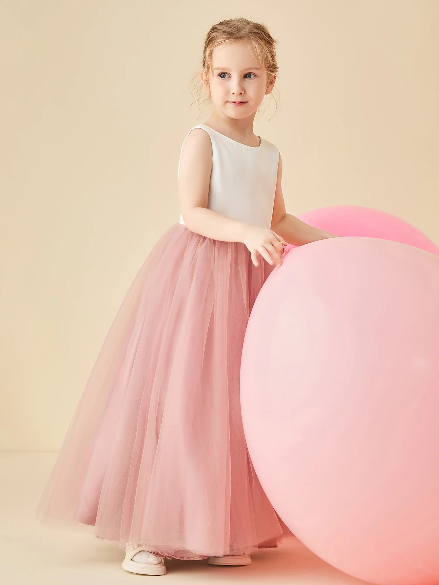 Sleeveless Round Neck V Back White Satin Blush Tulle Floor Length Flower Girl Dresses