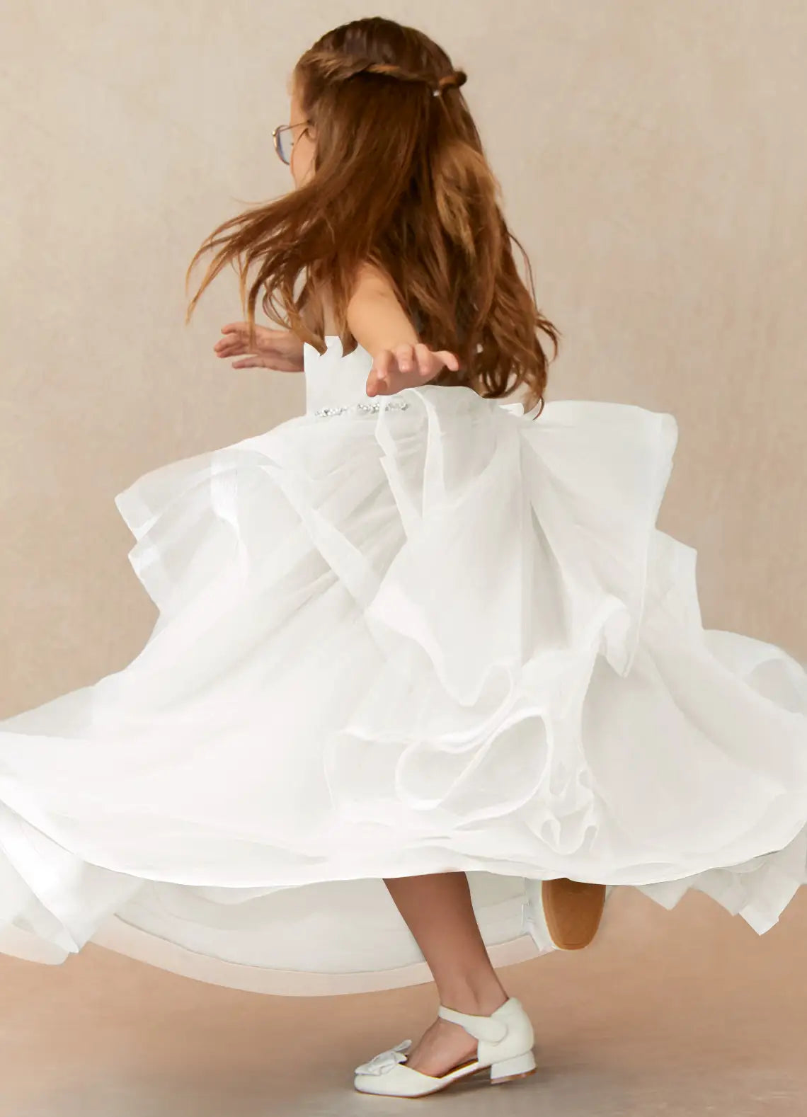 Sleeveless Round Neck White Full-Length Flower Girl Dresses with Rhinestone Waistband and Cascading Ruffle Tulle Skirt