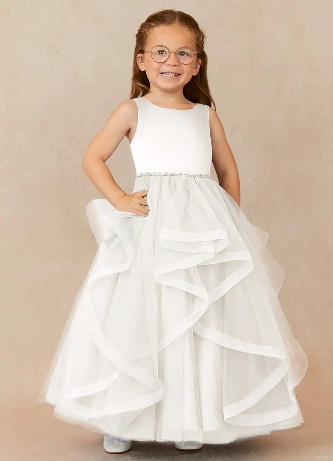 Sleeveless Round Neck White Full-Length Flower Girl Dresses with Rhinestone Waistband and Cascading Ruffle Tulle Skirt