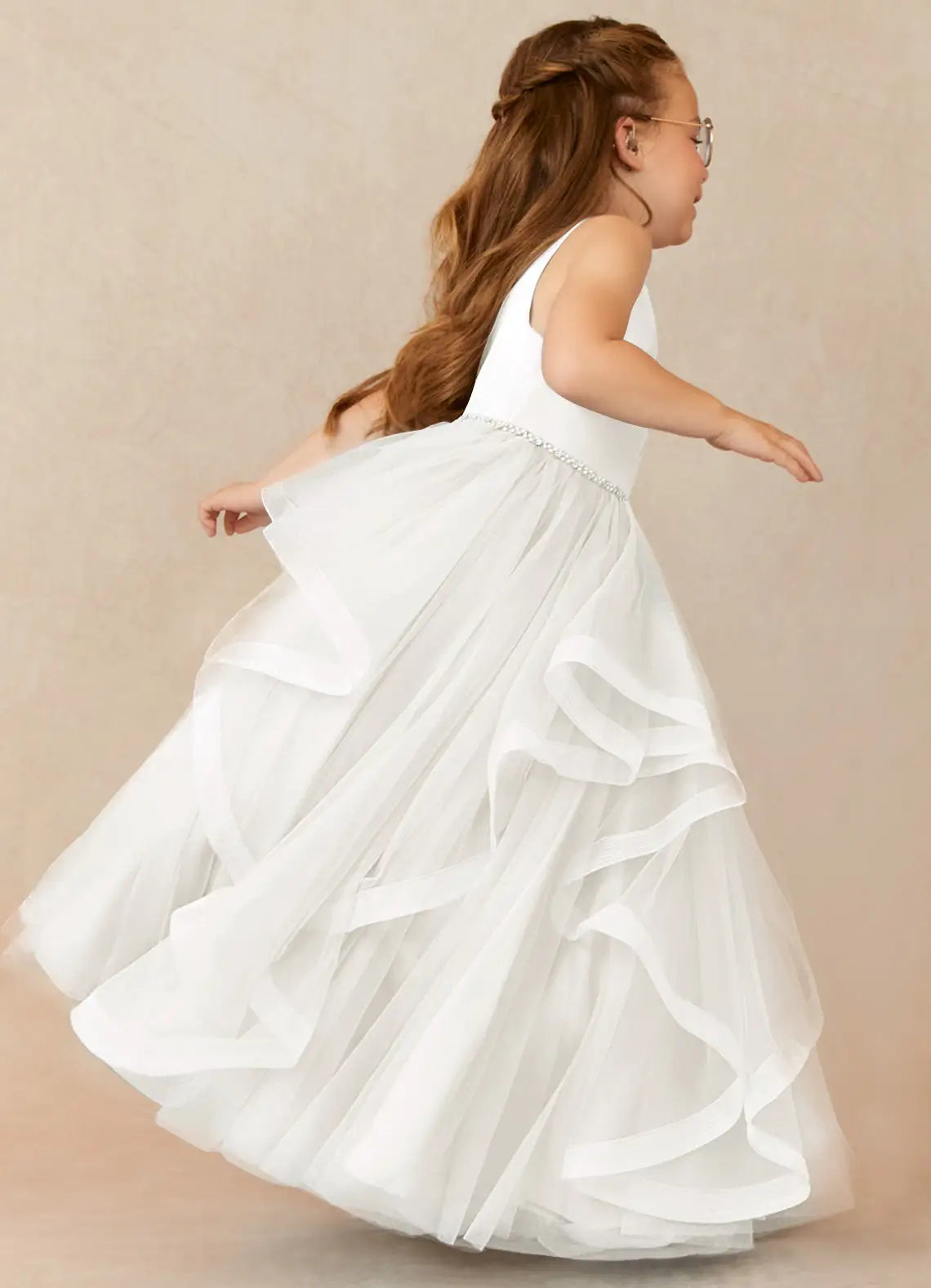 Sleeveless Round Neck White Full-Length Flower Girl Dresses with Rhinestone Waistband and Cascading Ruffle Tulle Skirt