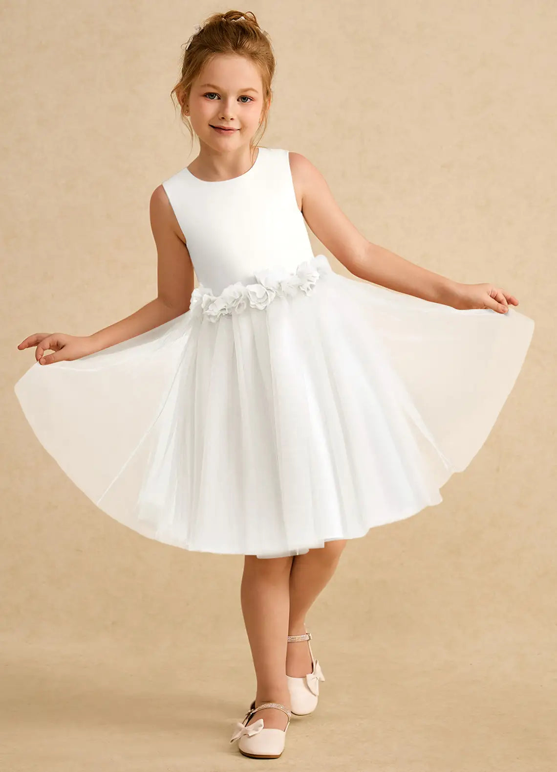 Sleeveless Round Neck White Knee-Length Flower Girl Dresses with Waist Floral Trim and Back Cutout