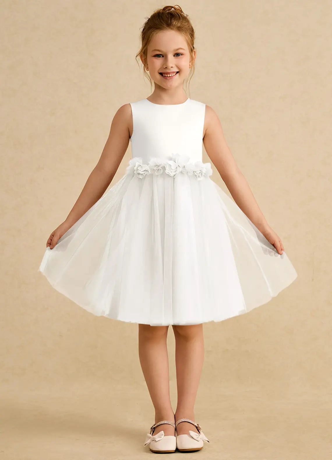 Sleeveless Round Neck White Knee-Length Flower Girl Dresses with Waist Floral Trim and Back Cutout