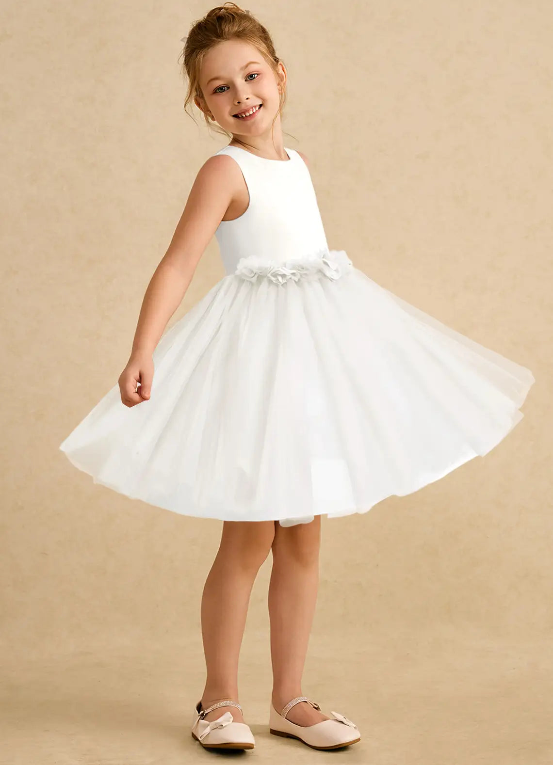 Sleeveless Round Neck White Knee-Length Flower Girl Dresses with Waist Floral Trim and Back Cutout