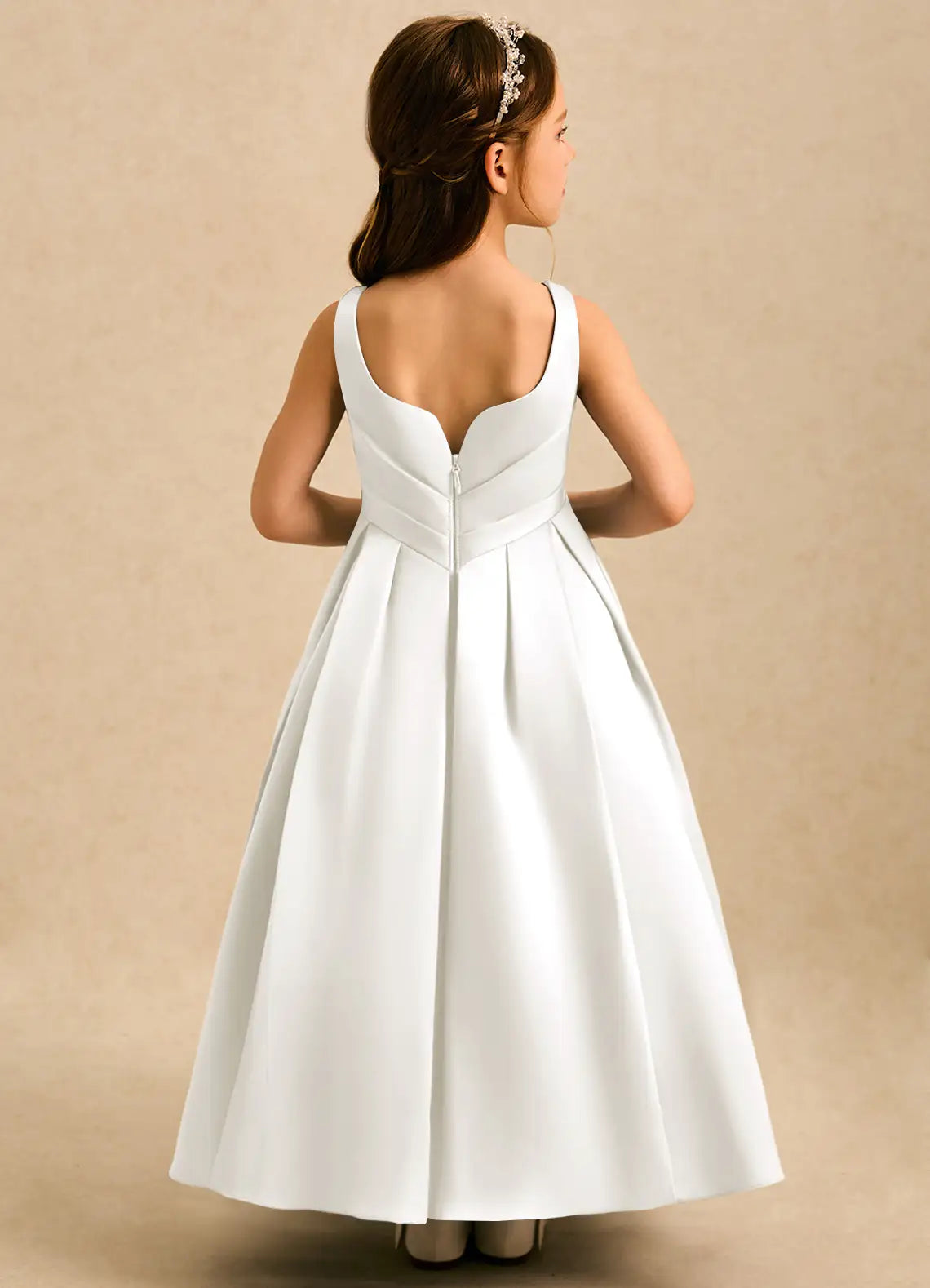 Sleeveless Round Neck White Satin Full-Length Flower Girl Dresses with Pleated Skirt and V Back