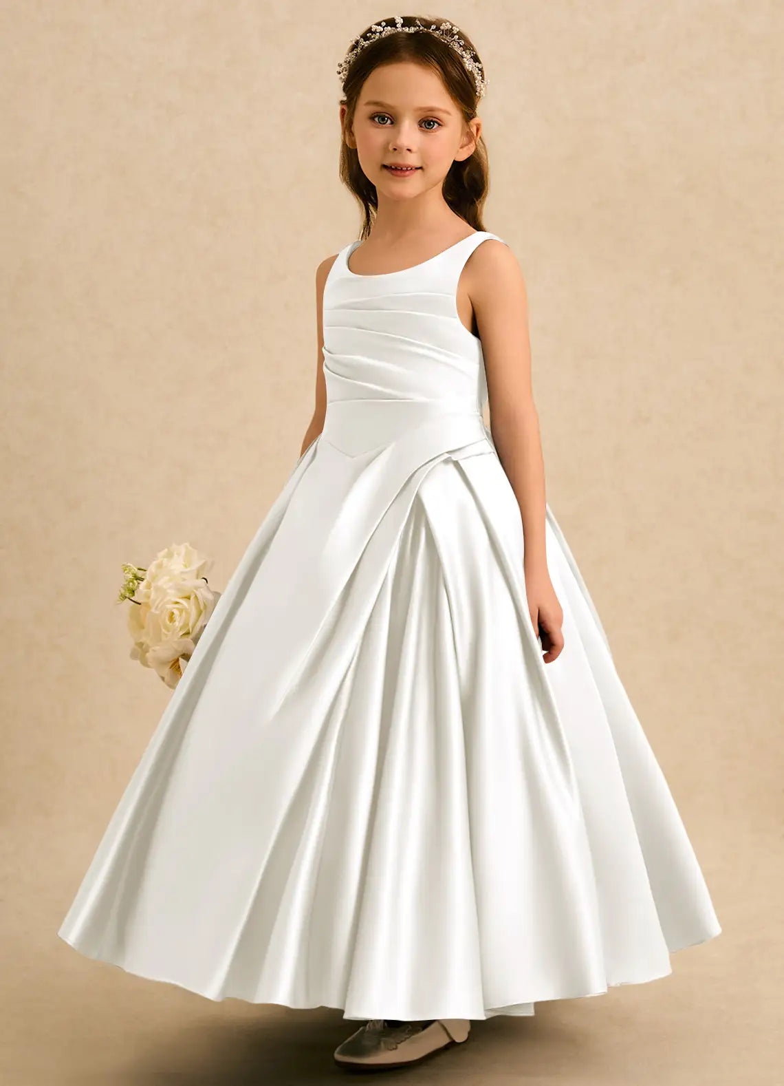 Sleeveless Round Neck White Satin Full-Length Flower Girl Dresses with Pleated Skirt and V Back
