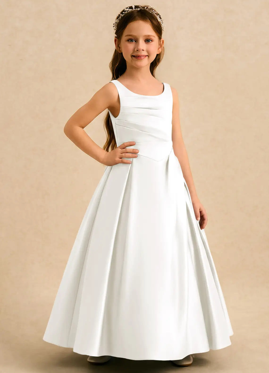 Sleeveless Round Neck White Satin Full-Length Flower Girl Dresses with Pleated Skirt and V Back