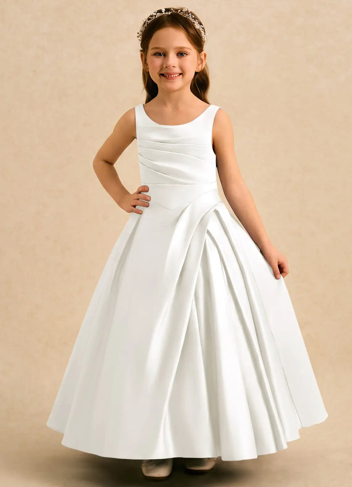 Sleeveless Round Neck White Satin Full-Length Flower Girl Dresses with Pleated Skirt and V Back
