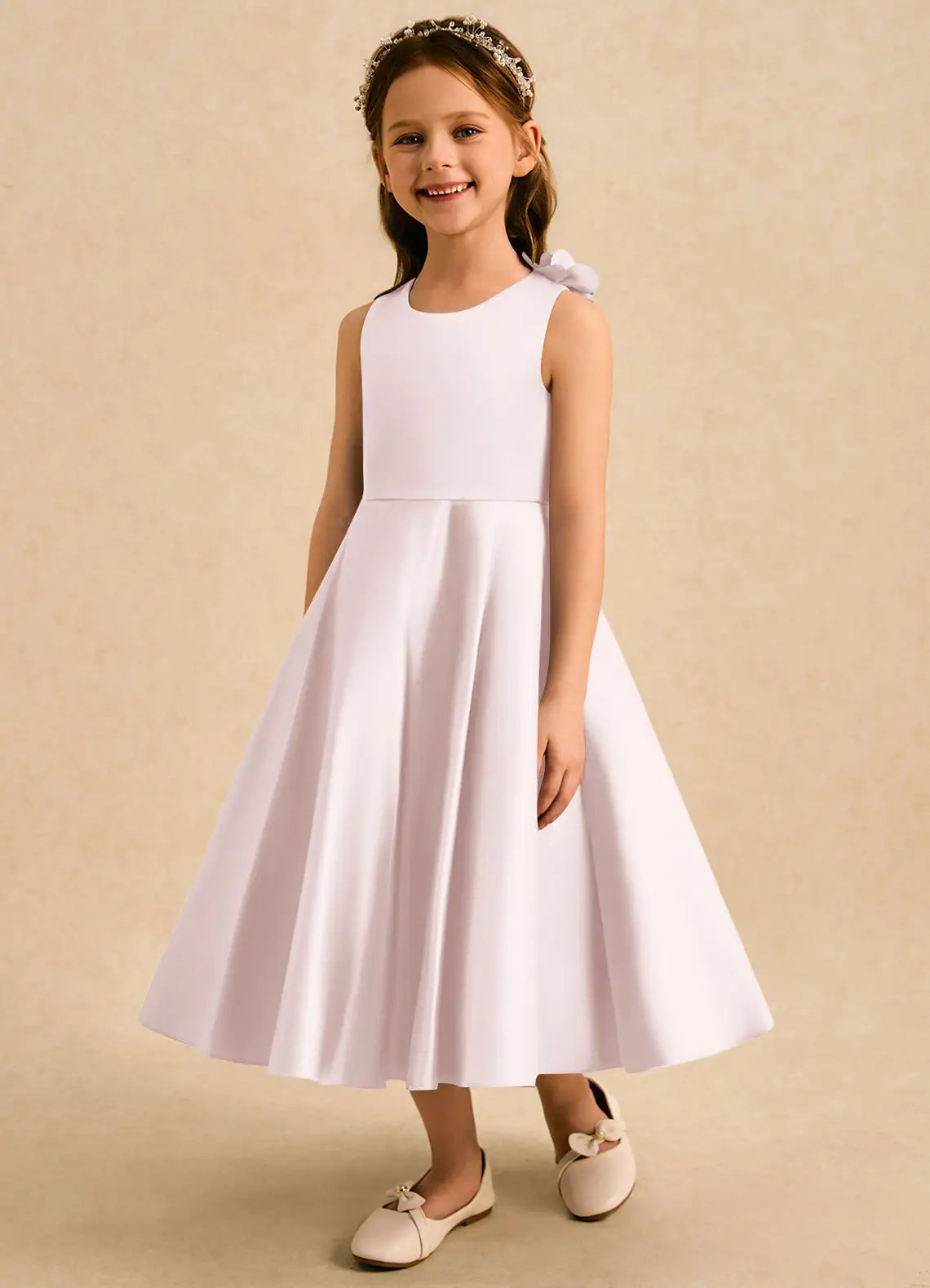 Sleeveless Round Neck White Satin Midi Length Flower Girl Dresses with 3D Floral Back Detail