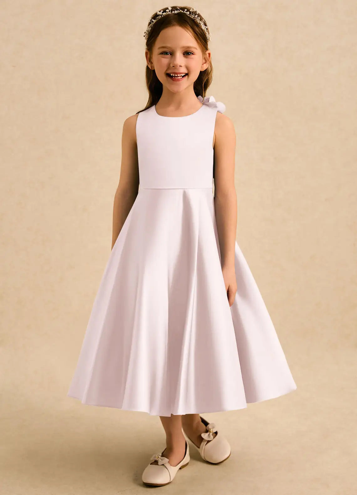 Sleeveless Round Neck White Satin Midi Length Flower Girl Dresses with 3D Floral Back Detail