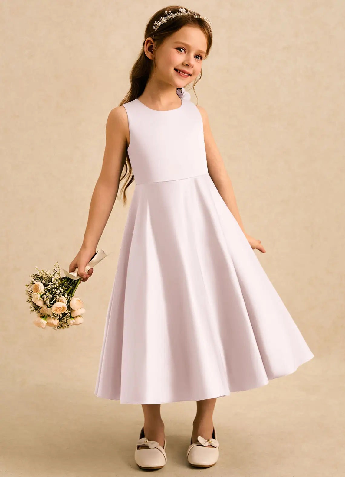Sleeveless Round Neck White Satin Midi Length Flower Girl Dresses with 3D Floral Back Detail