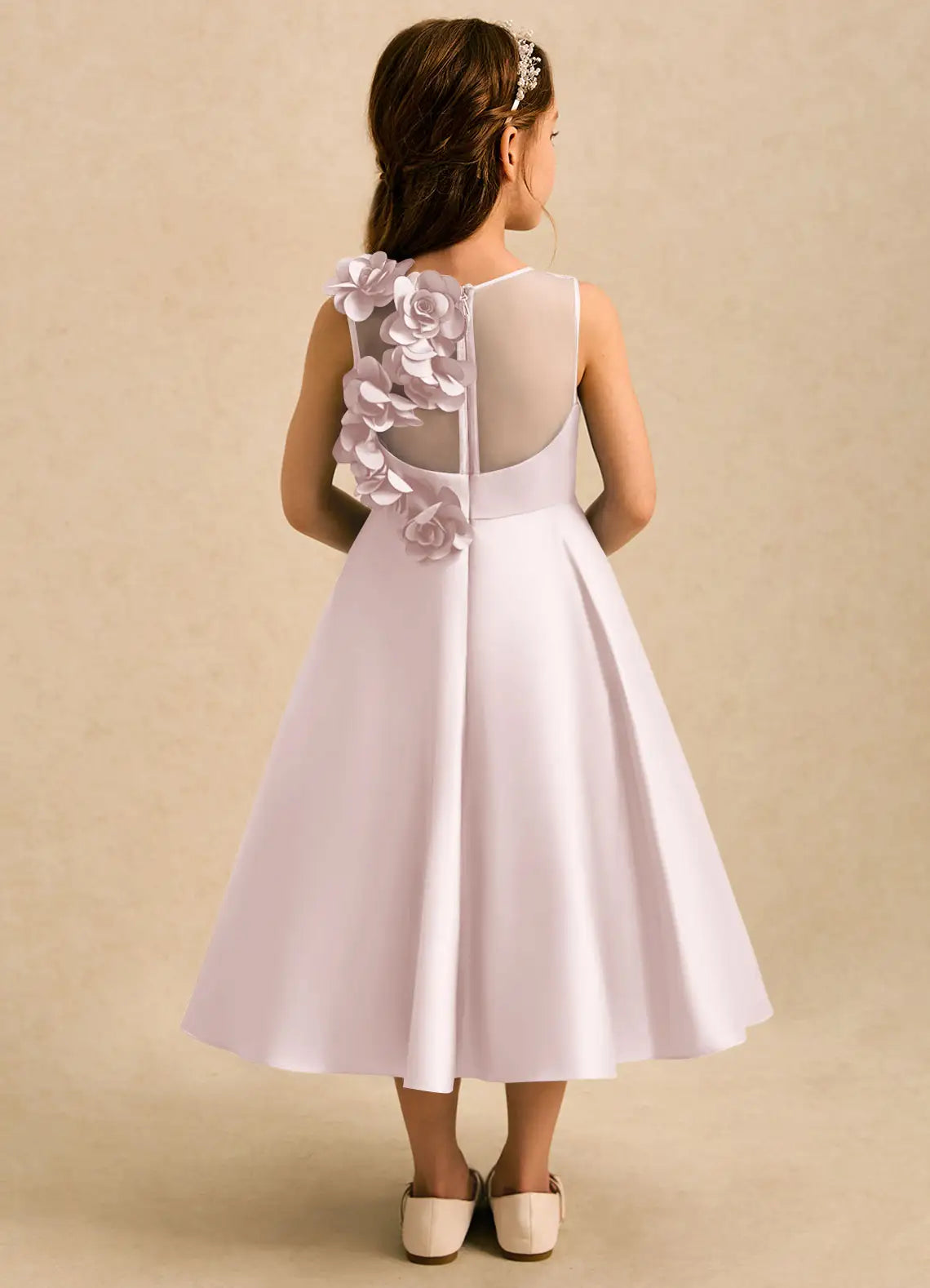 Sleeveless Round Neck White Satin Midi Length Flower Girl Dresses with 3D Floral Back Detail