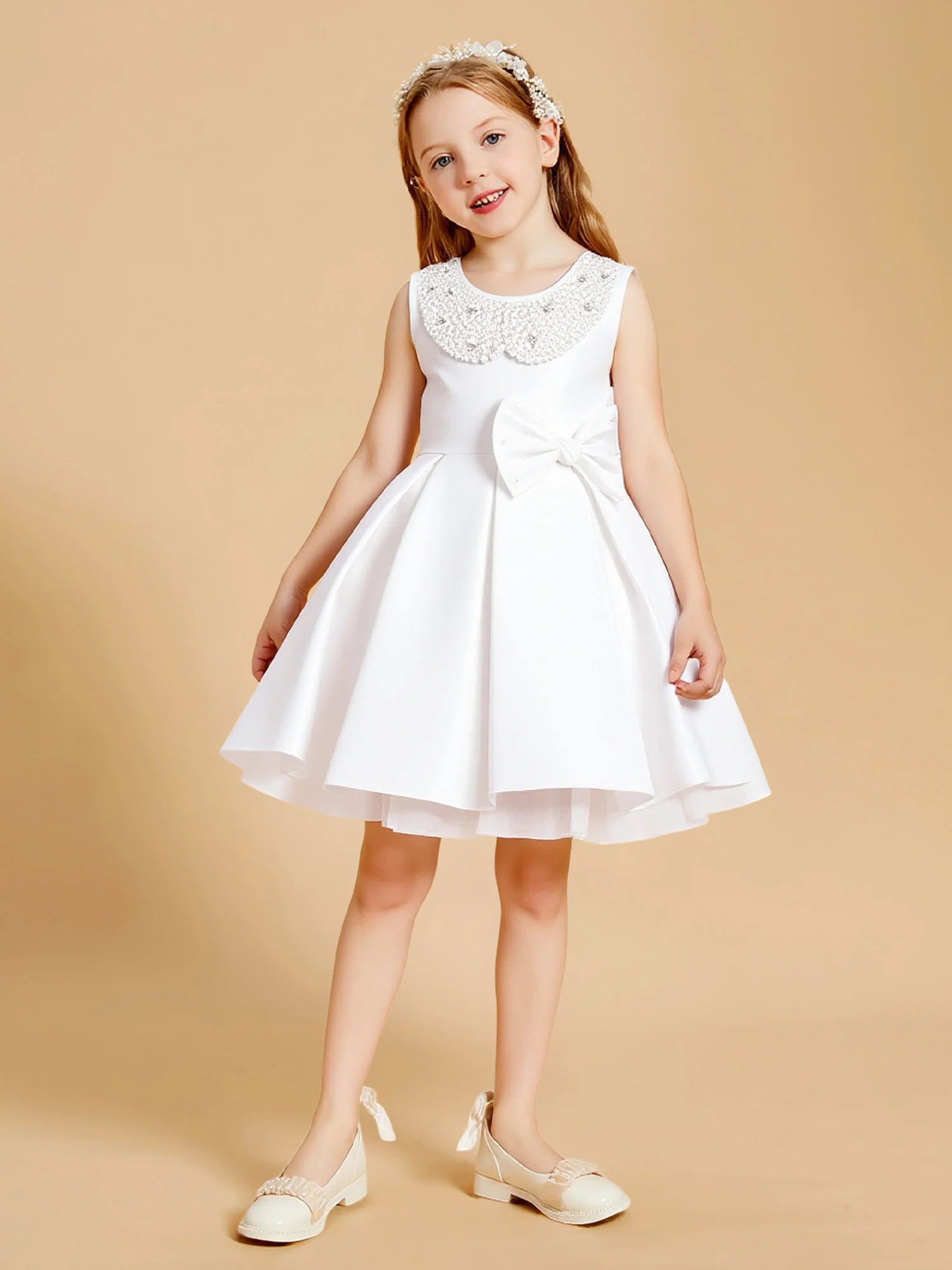 Sleeveless Round Pearl Beaded Collar V Back Oversized Satin Bow White Satin Tulle Short Flower Girl Dresses