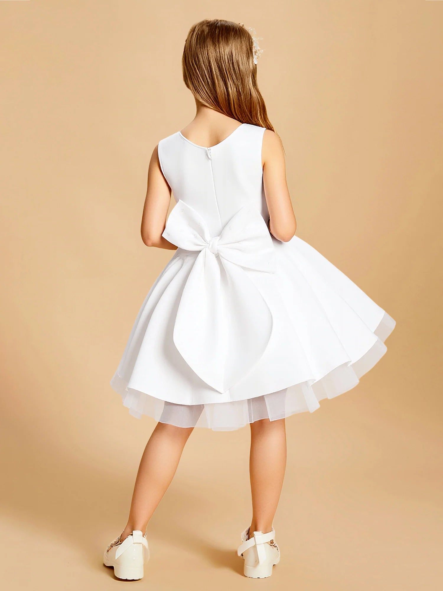 Sleeveless Round Pearl Beaded Collar V Back Oversized Satin Bow White Satin Tulle Short Flower Girl Dresses