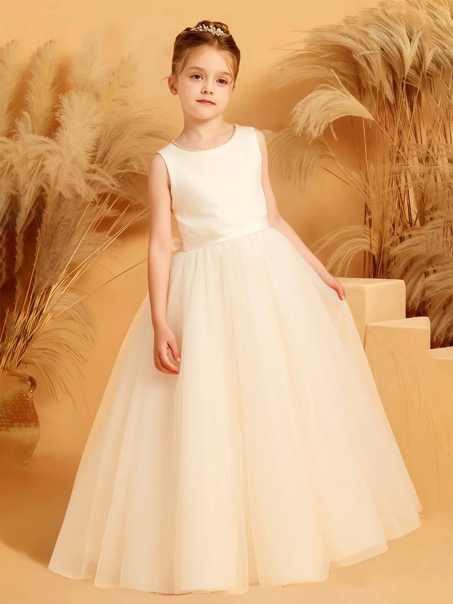 Sleeveless Round Pearl Neck V Back Big Bow Champagne Tulle Floor Length Flower Girl Dresses