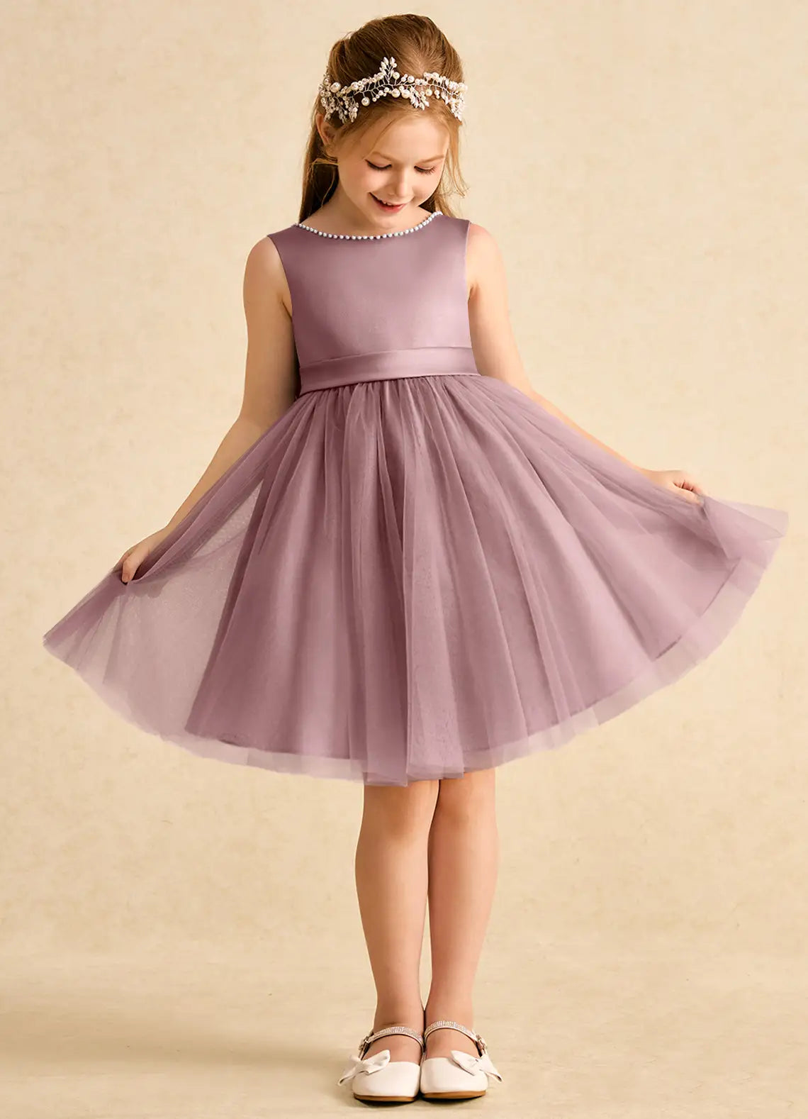Sleeveless Round Pearl Trim V Back Giant Satin Bow Dusty Purple Tulle Knee-Length Flower Girl Dresses