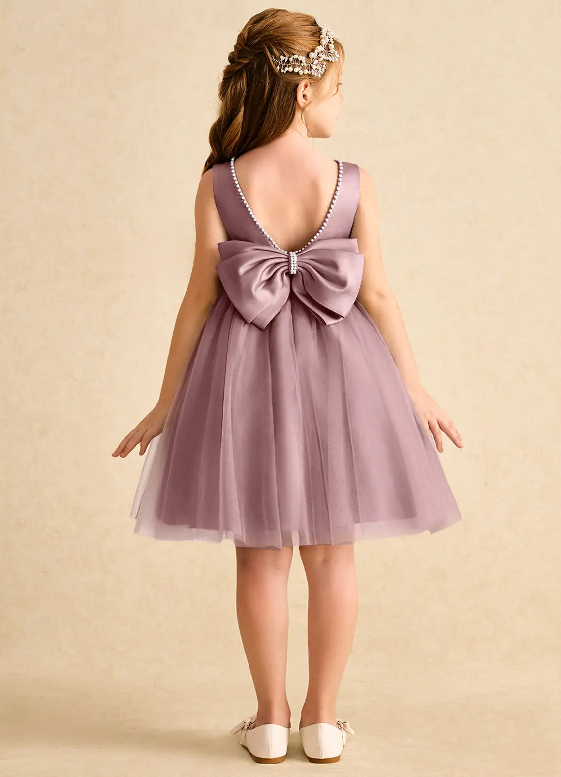 Sleeveless Round Pearl Trim V Back Giant Satin Bow Dusty Purple Tulle Knee-Length Flower Girl Dresses