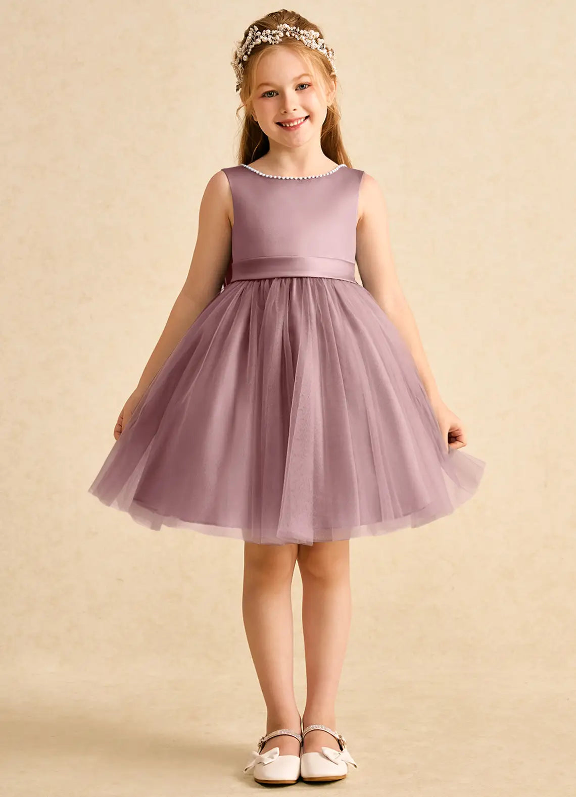 Sleeveless Round Pearl Trim V Back Giant Satin Bow Dusty Purple Tulle Knee-Length Flower Girl Dresses
