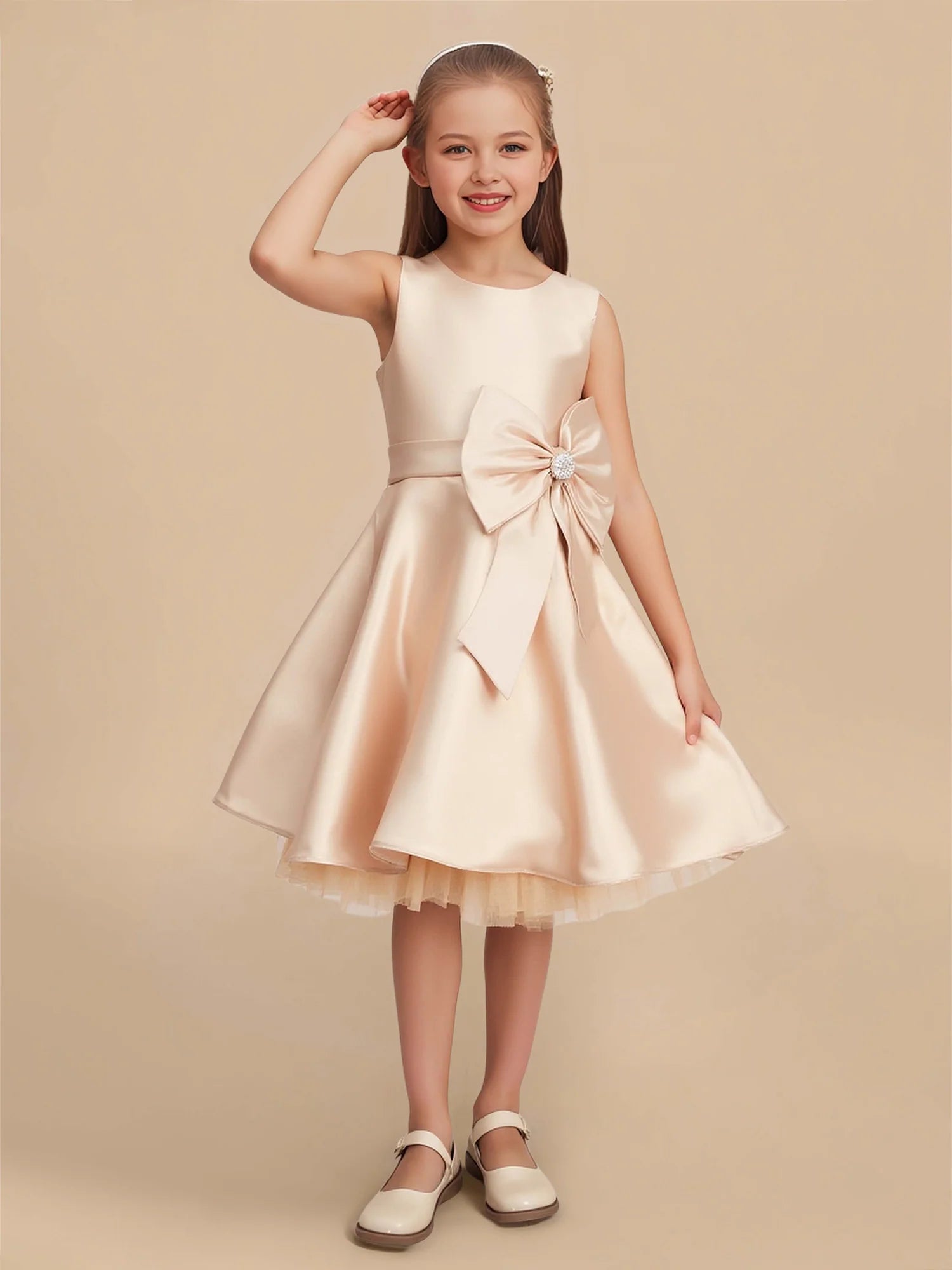 Sleeveless Round Rhinestone Center Side Big Satin Bow Champagne Satin Knee Length Flower Girl Dresses