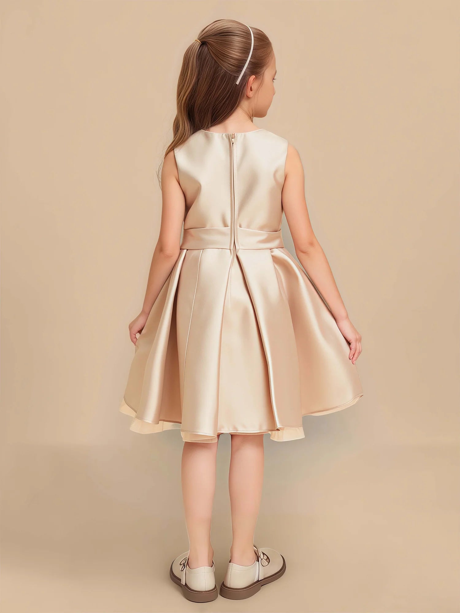 Sleeveless Round Rhinestone Center Side Big Satin Bow Champagne Satin Knee Length Flower Girl Dresses