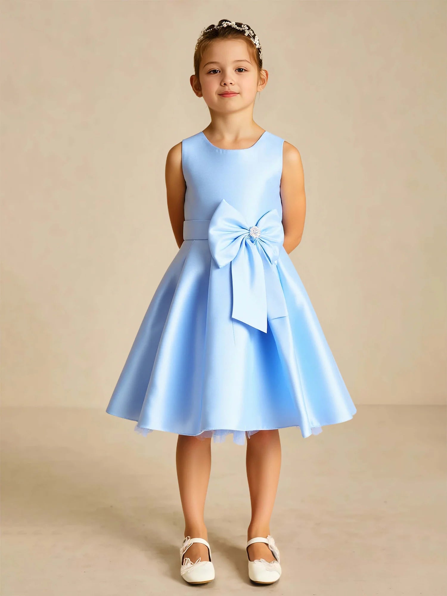 Sleeveless Round Rhinestone Center Side Satin Bow Sky Blue Satin Knee Length Flower Girl Dresses