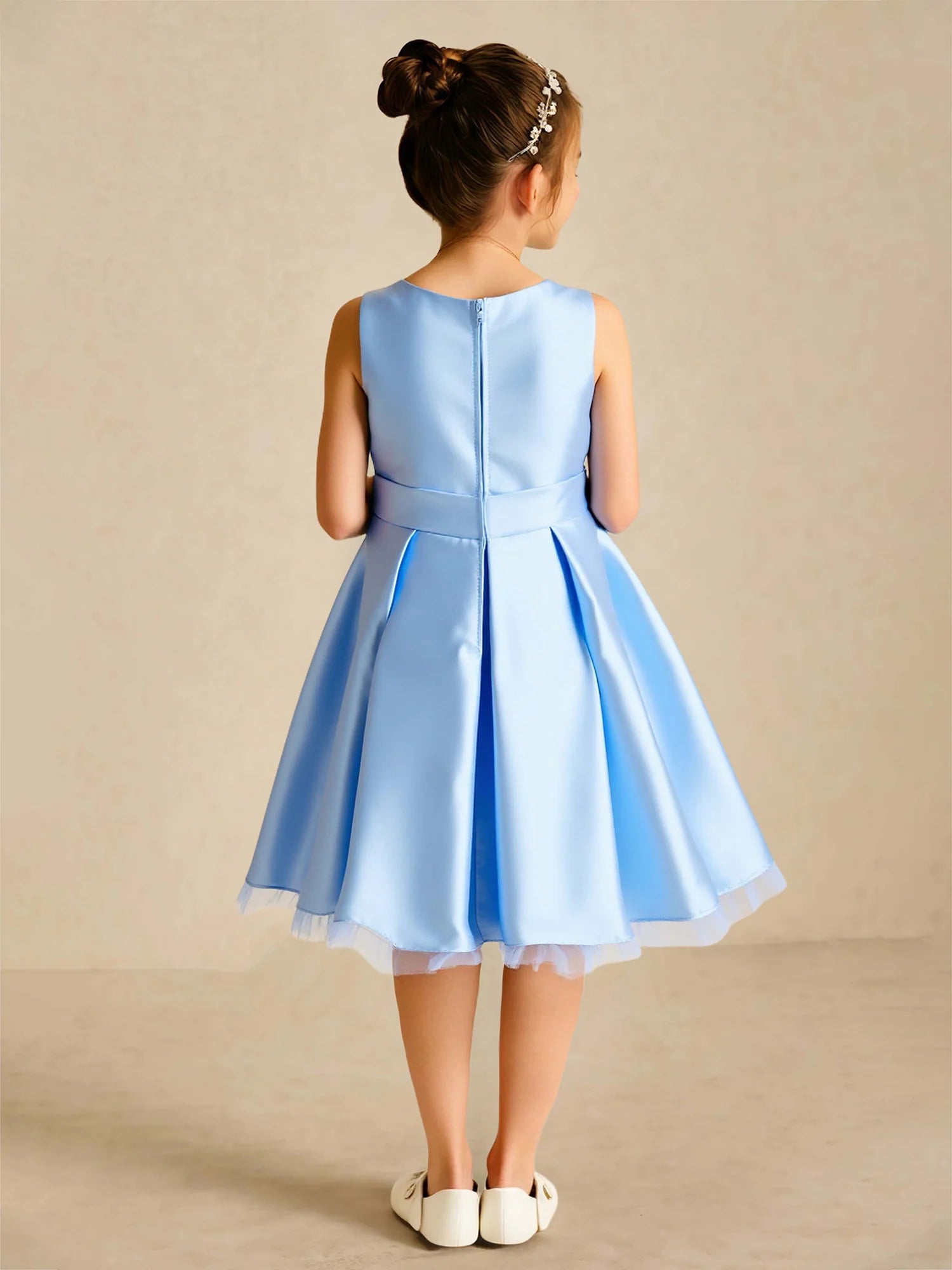 Sleeveless Round Rhinestone Center Side Satin Bow Sky Blue Satin Knee Length Flower Girl Dresses