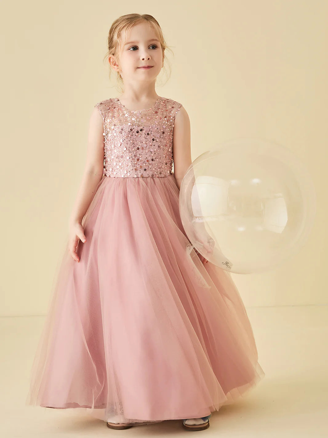 Sleeveless Round Sequin Mesh Back Big Satin Bow Dusty Pink Tulle Floor Length Flower Girl Dresses