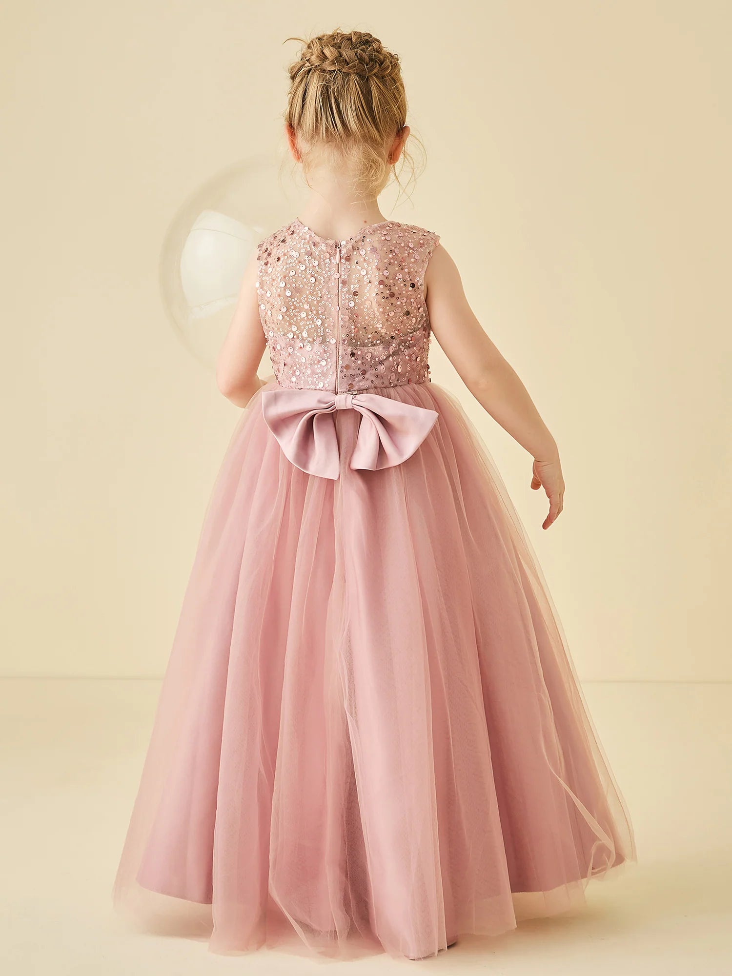 Sleeveless Round Sequin Mesh Back Big Satin Bow Dusty Pink Tulle Floor Length Flower Girl Dresses