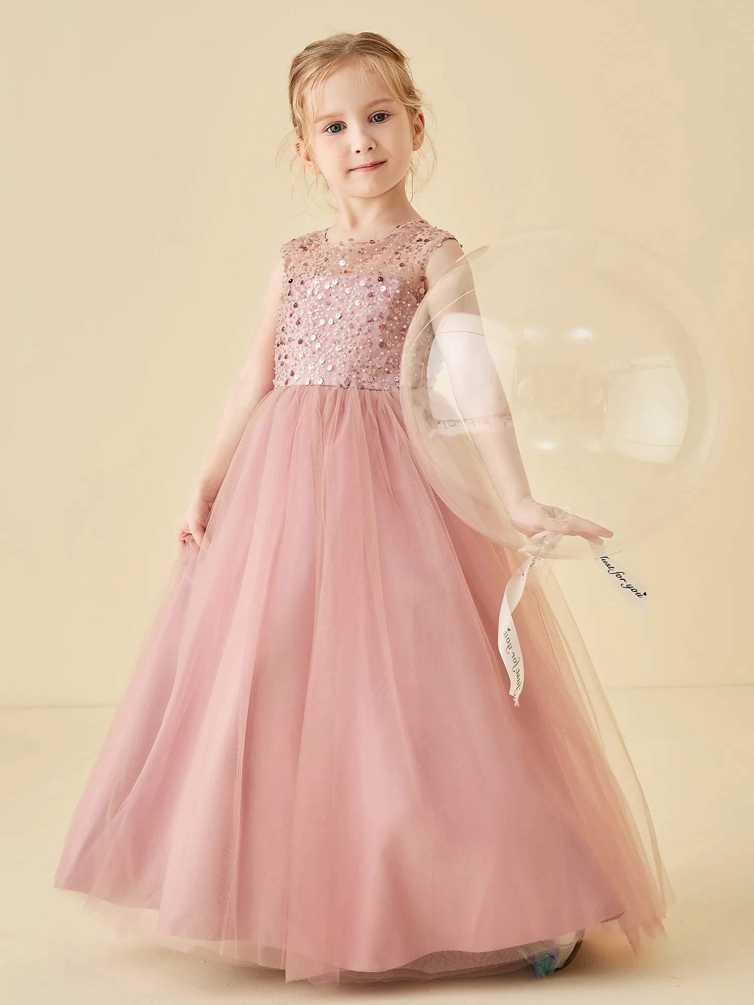 Sleeveless Round Sequin Mesh Back Big Satin Bow Dusty Pink Tulle Floor Length Flower Girl Dresses