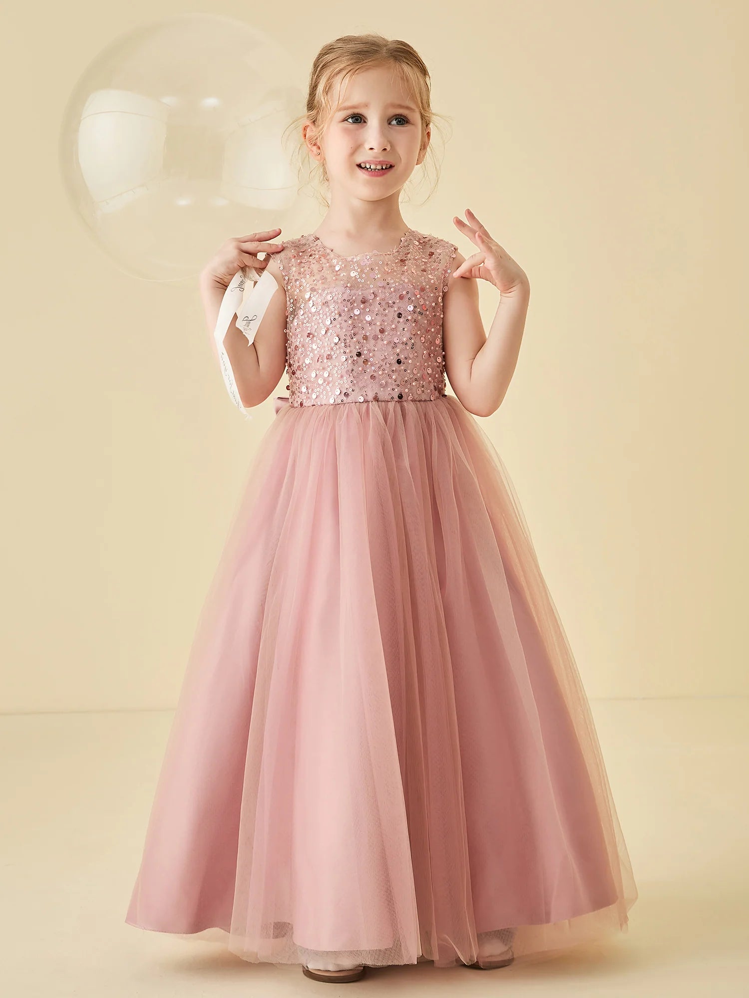 Sleeveless Round Sequin Mesh Back Big Satin Bow Dusty Pink Tulle Floor Length Flower Girl Dresses