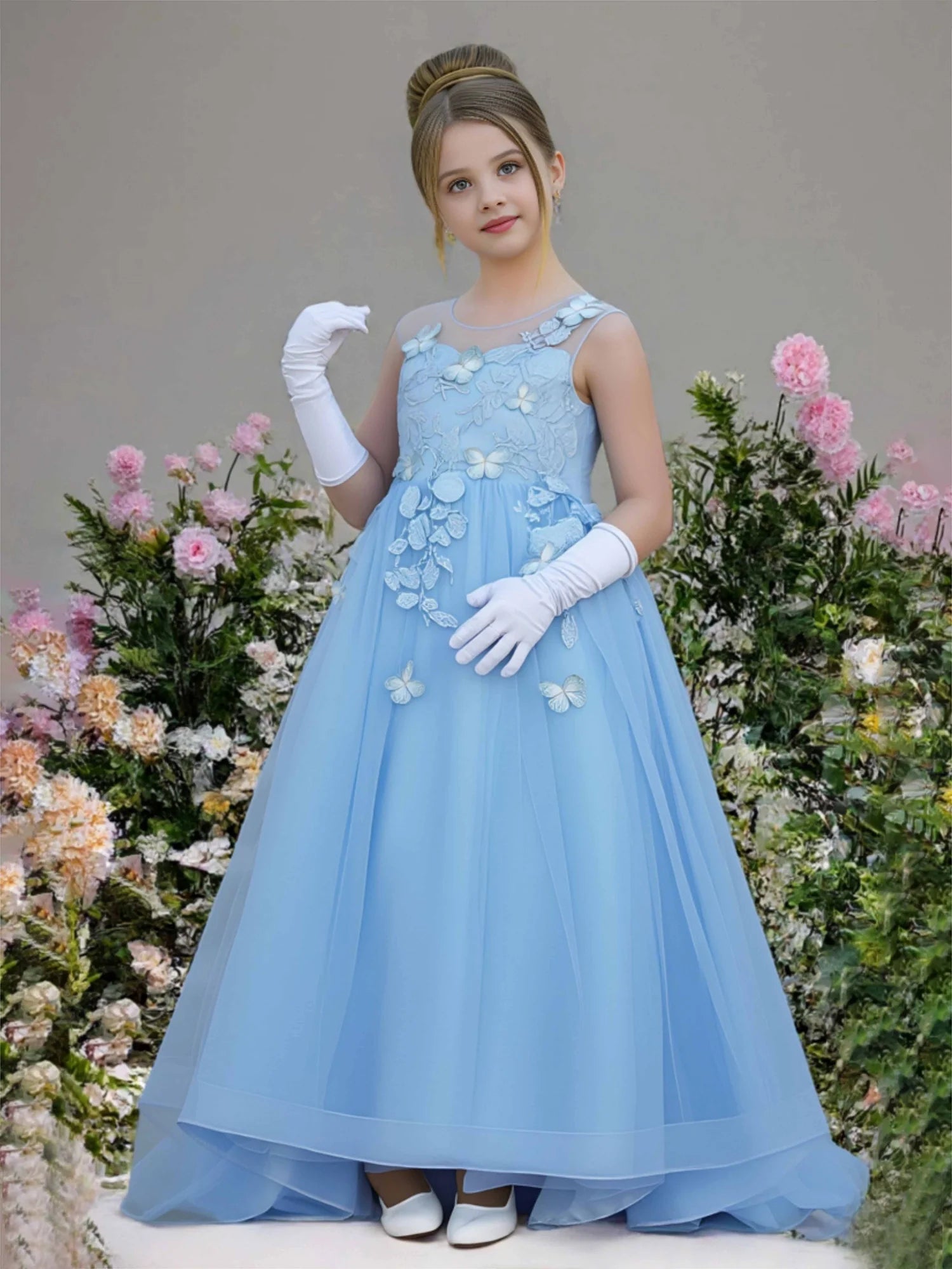 Sleeveless Round Sheer Mesh Back 3D Butterfly Lace Light Blue Tulle Floor Length Flower Girl Dresses