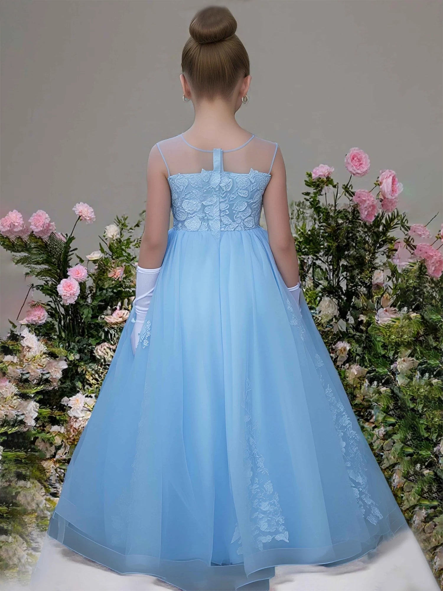 Sleeveless Round Sheer Mesh Back 3D Butterfly Lace Light Blue Tulle Floor Length Flower Girl Dresses