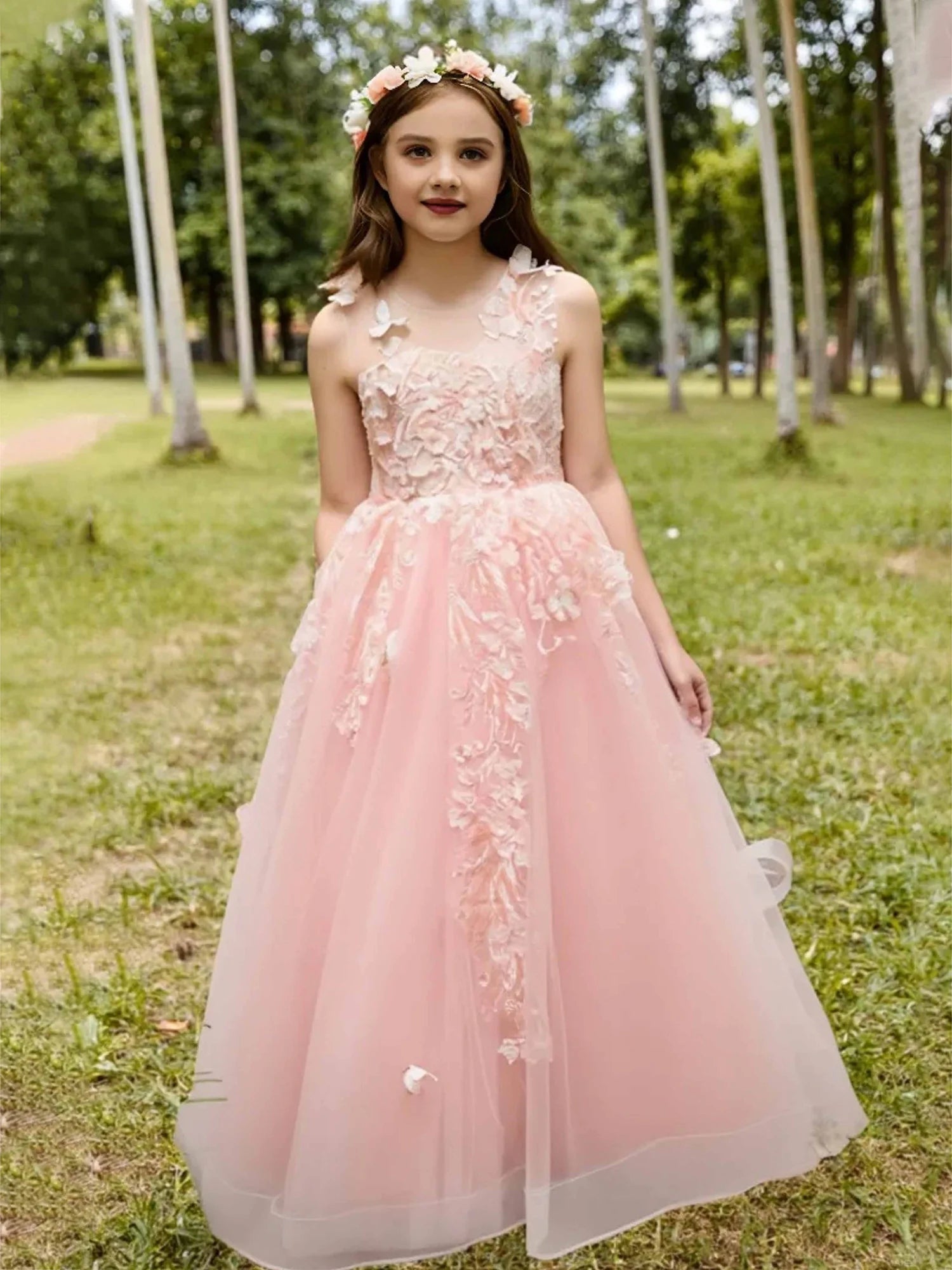 Sleeveless Round Sheer Mesh Back 3D Floral Butterfly Lace Pink Tulle Floor Length Flower Girl Dresses