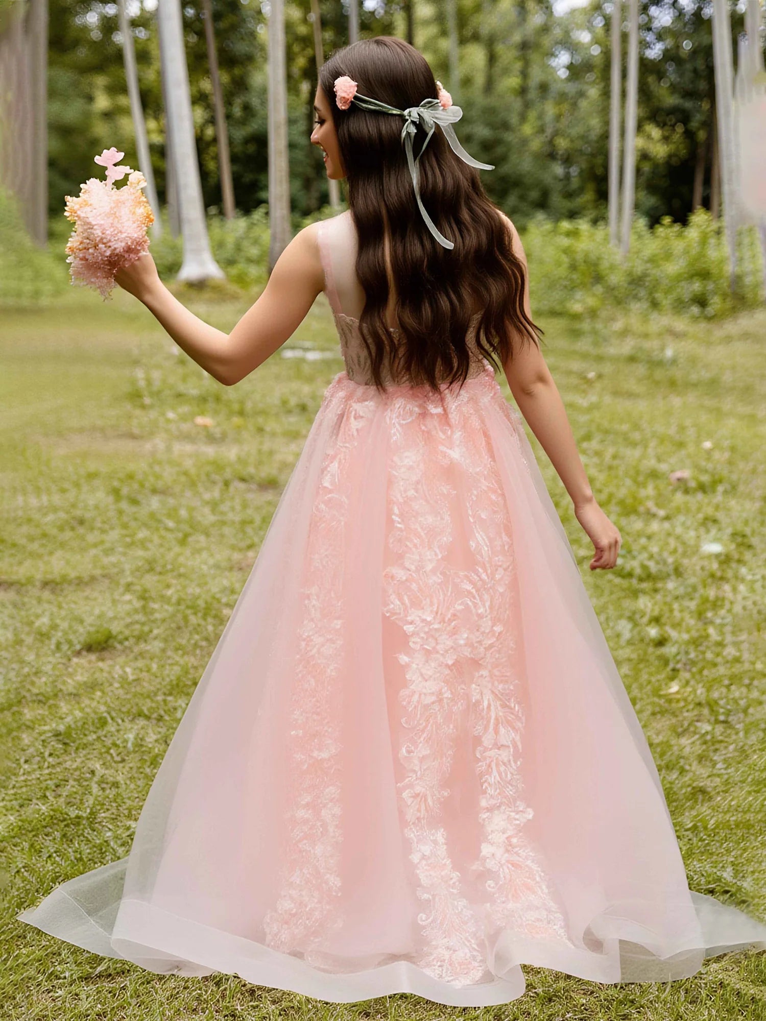 Sleeveless Round Sheer Mesh Back 3D Floral Butterfly Lace Pink Tulle Floor Length Flower Girl Dresses