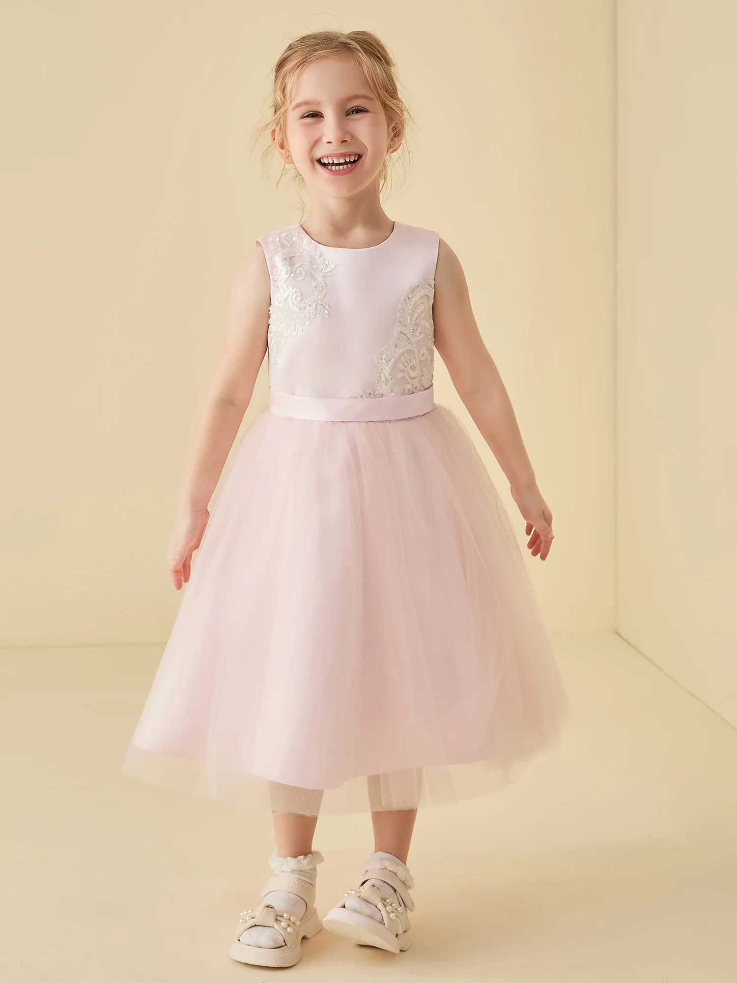 Sleeveless Round Side Lace Appliqué Light Pink Satin Waist Tulle Midi Swing Flower Girl Dresses