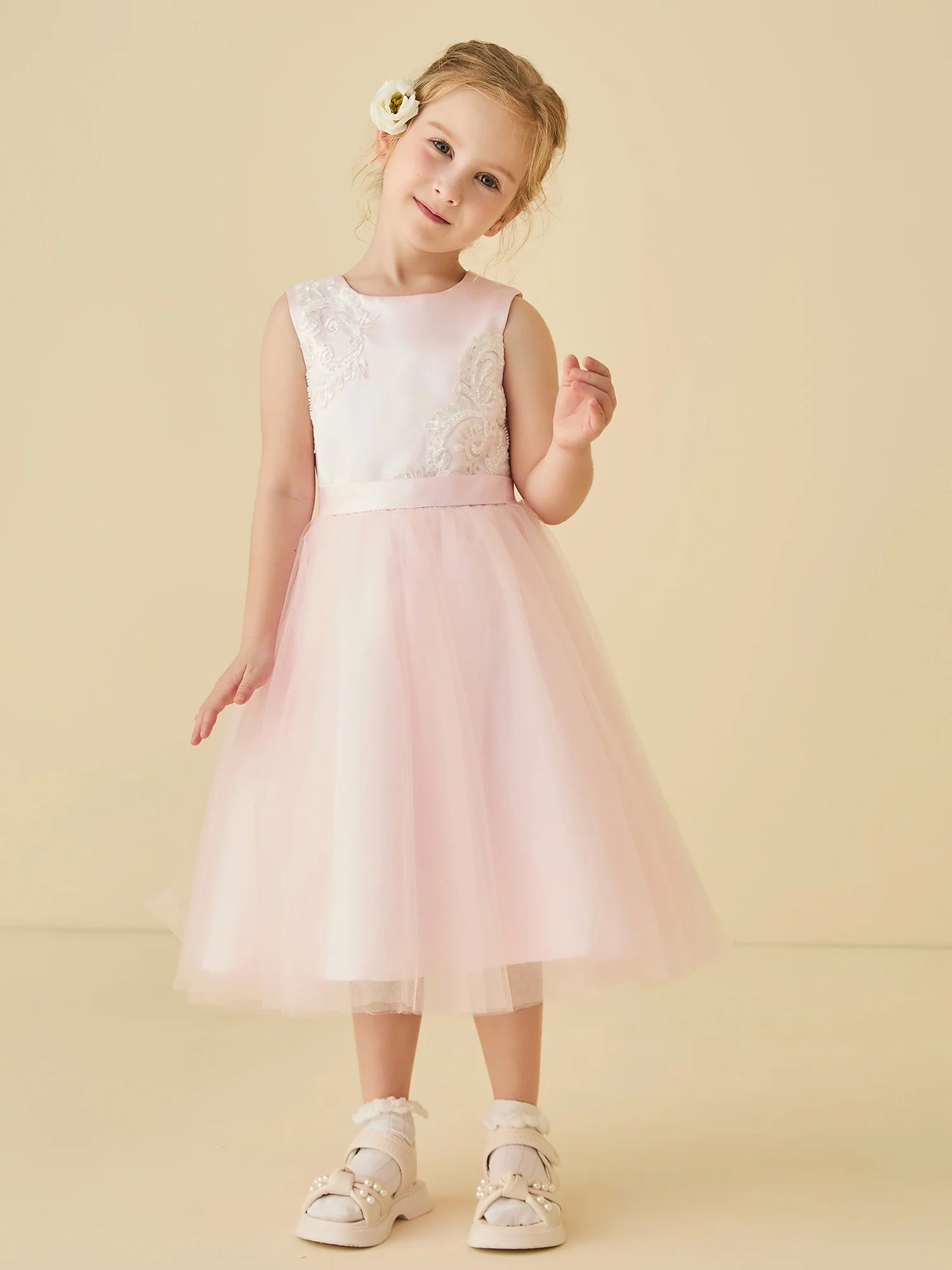 Sleeveless Round Side Lace Appliqué Light Pink Satin Waist Tulle Midi Swing Flower Girl Dresses