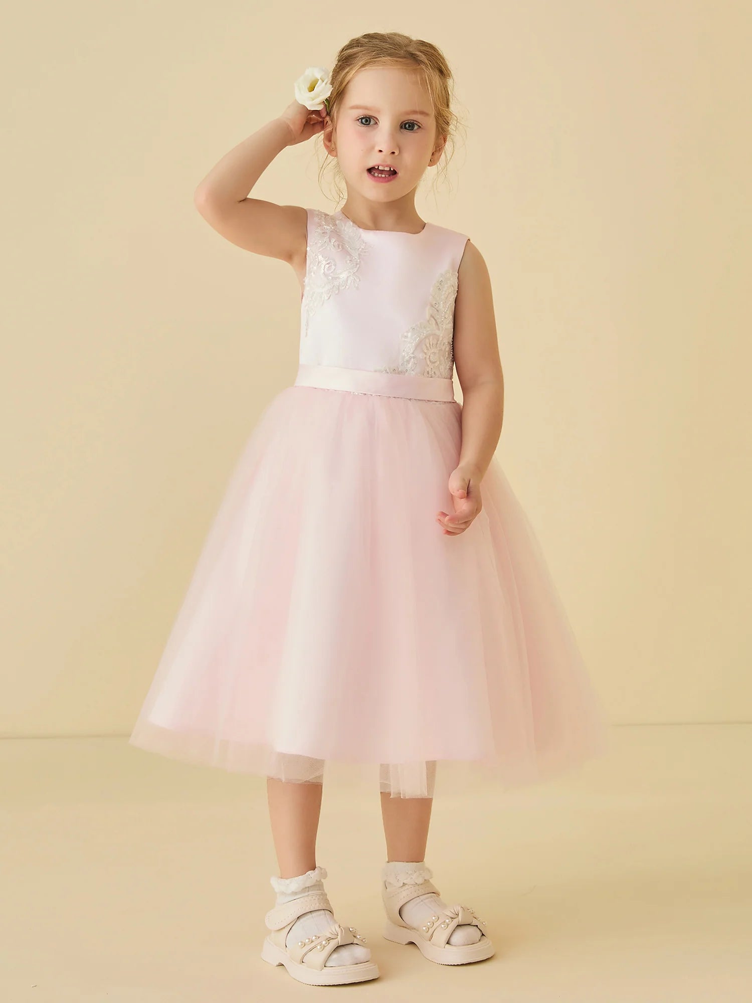 Sleeveless Round Side Lace Appliqué Light Pink Satin Waist Tulle Midi Swing Flower Girl Dresses
