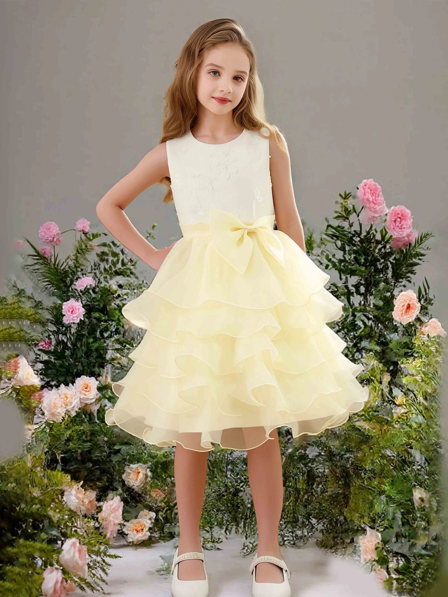 Sleeveless Round Solid Back Big Bow Embossed Floral Multi Layer Ruffle Yellow Tulle Midi Flower Girl Dresses