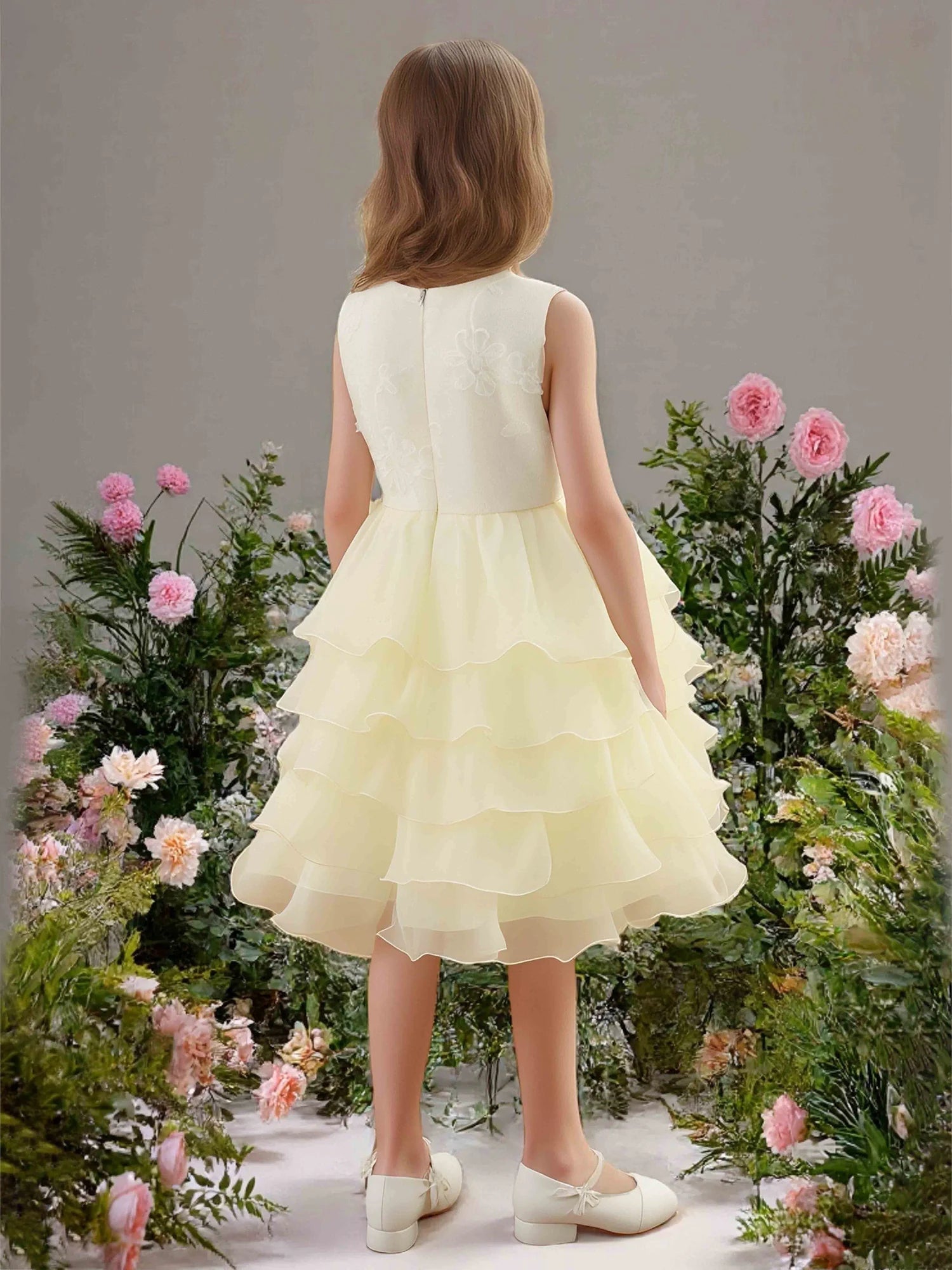 Sleeveless Round Solid Back Big Bow Embossed Floral Multi Layer Ruffle Yellow Tulle Midi Flower Girl Dresses