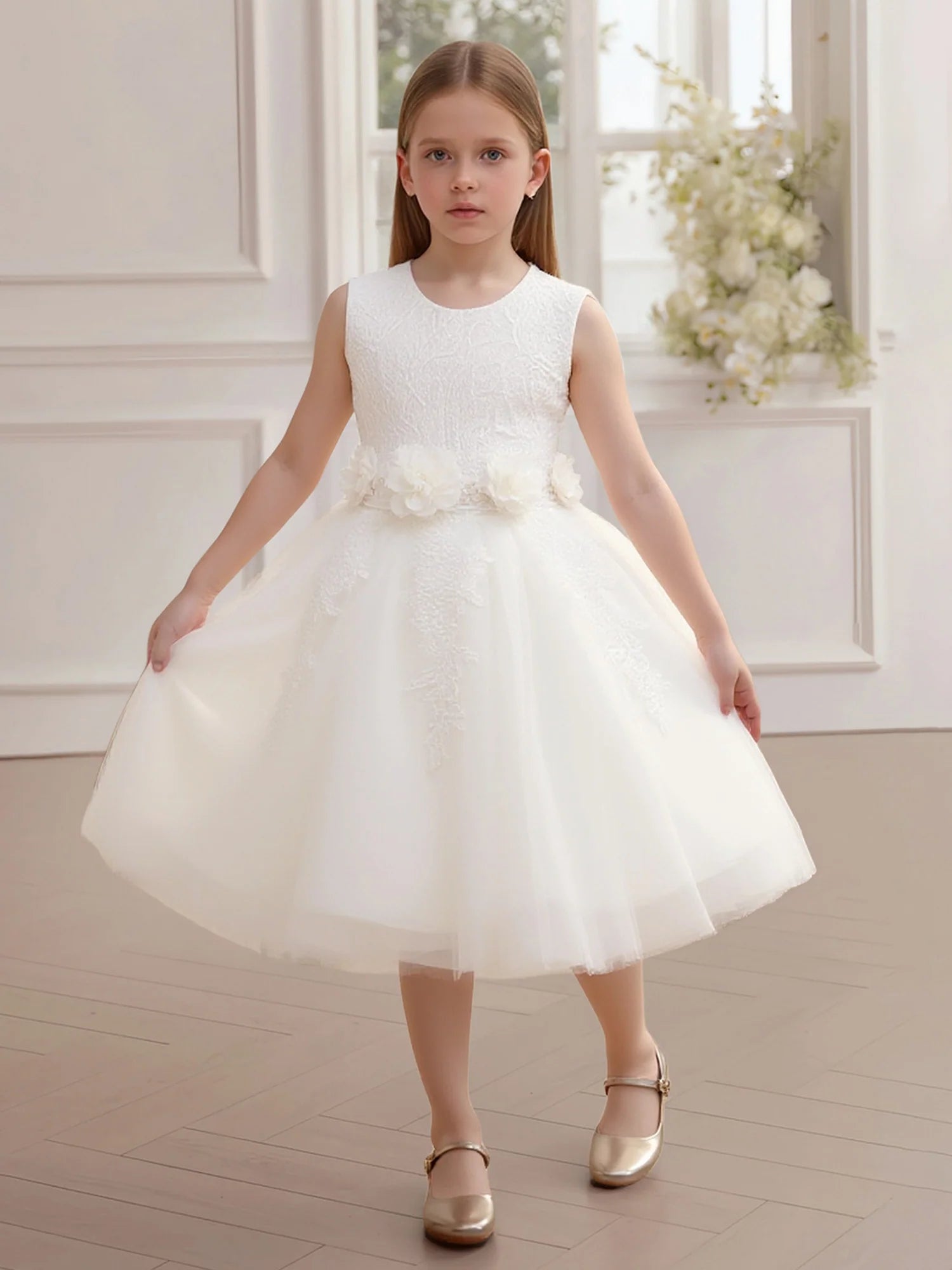 Sleeveless Round Solid Back Large Satin Bow 3D Floral Lace White Tulle Midi Flower Girl Dresses