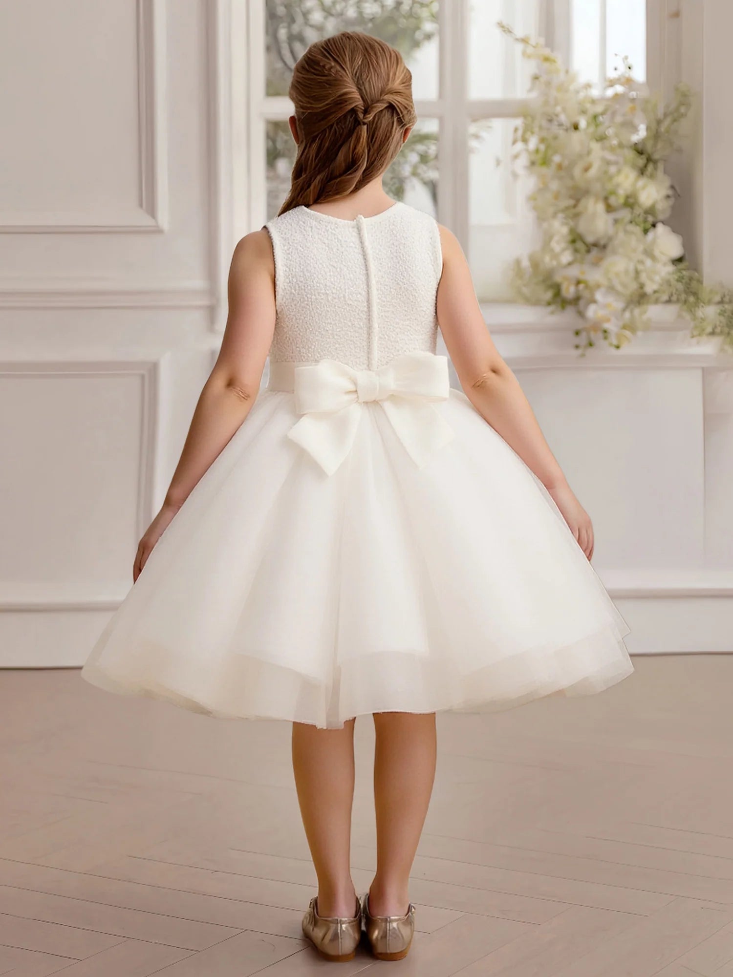 Sleeveless Round Solid Back Large Satin Bow 3D Floral Lace White Tulle Midi Flower Girl Dresses