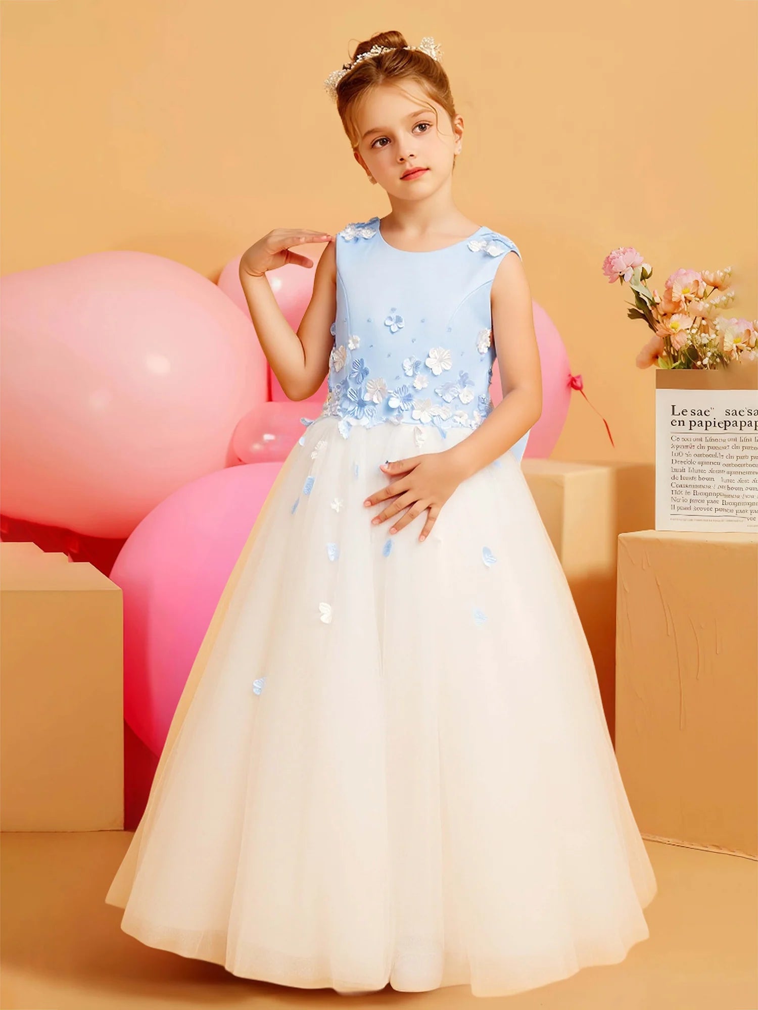 Sleeveless Round V Back 3D Floral Light Blue Satin Tulle Floor Length Flower Girl Dresses