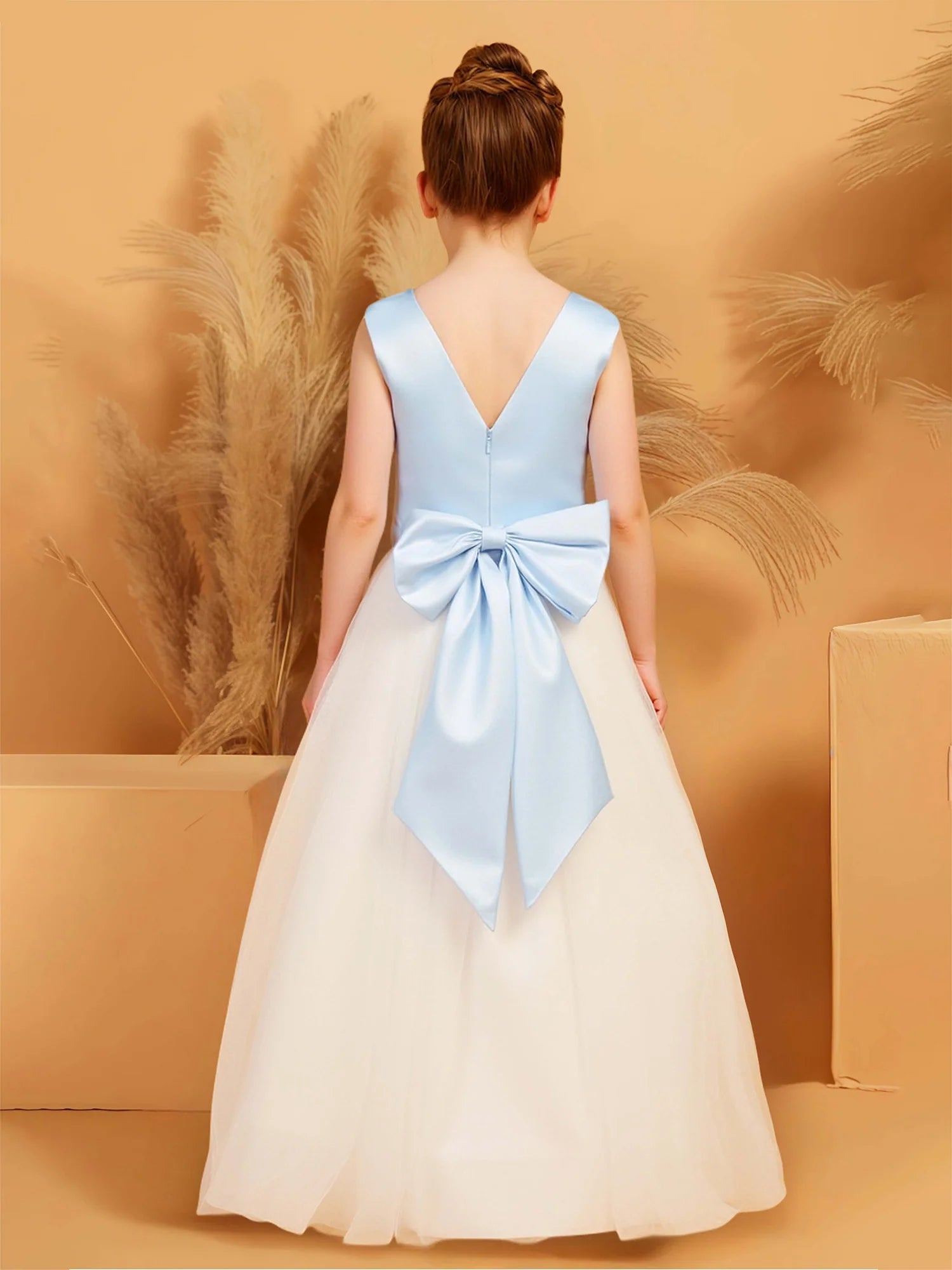 Sleeveless Round V Back 3D Floral Light Blue Satin Tulle Floor Length Flower Girl Dresses