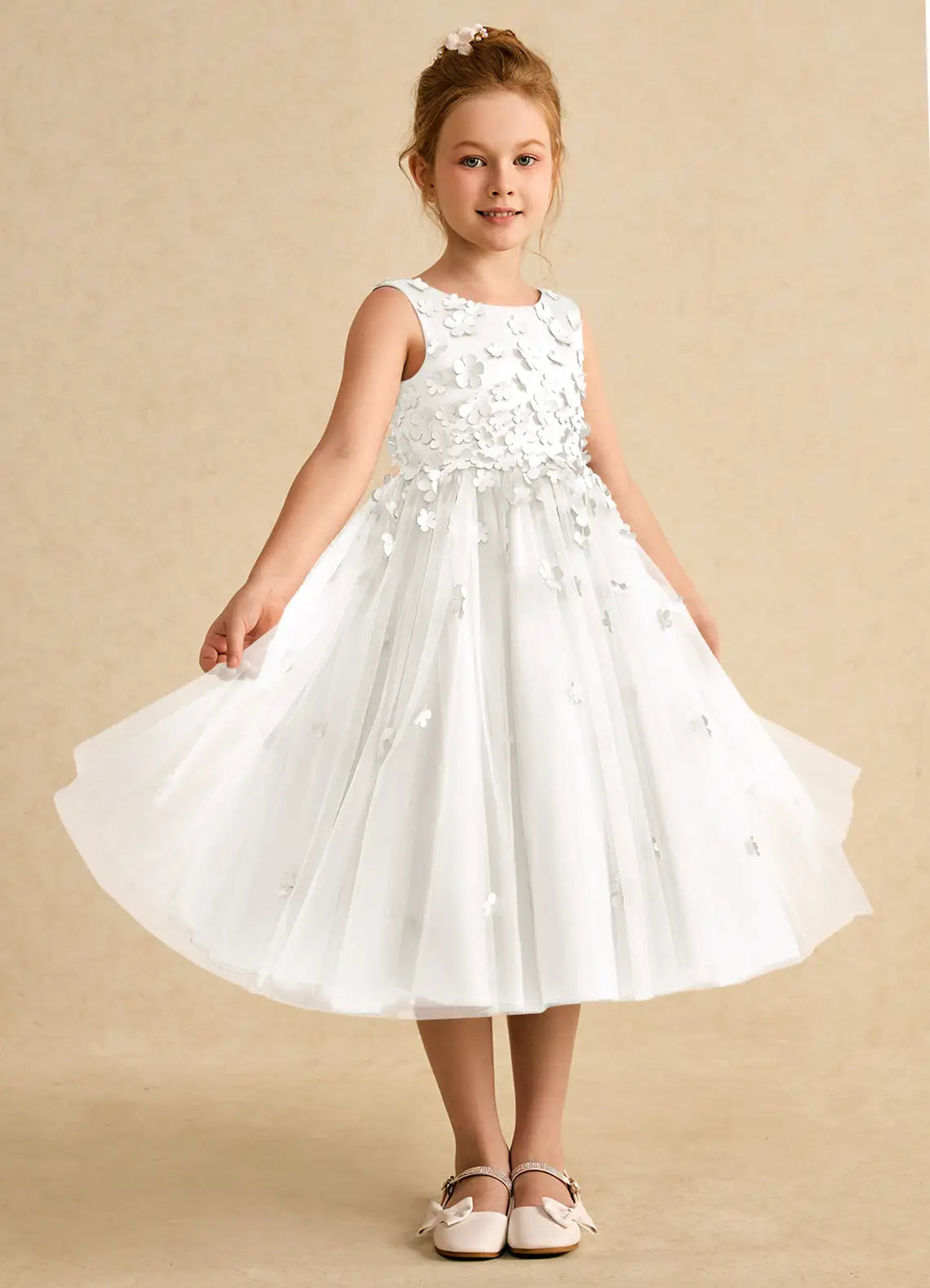 Sleeveless Round V-Back Allover 3D Floral White Tulle Midi Flower Girl Dresses