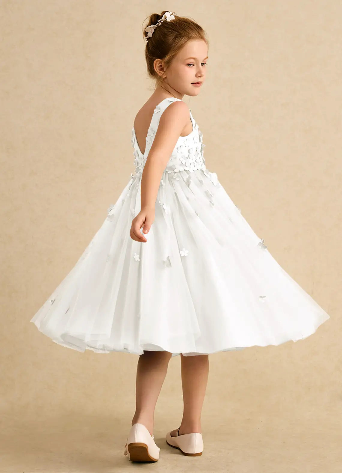 Sleeveless Round V-Back Allover 3D Floral White Tulle Midi Flower Girl Dresses