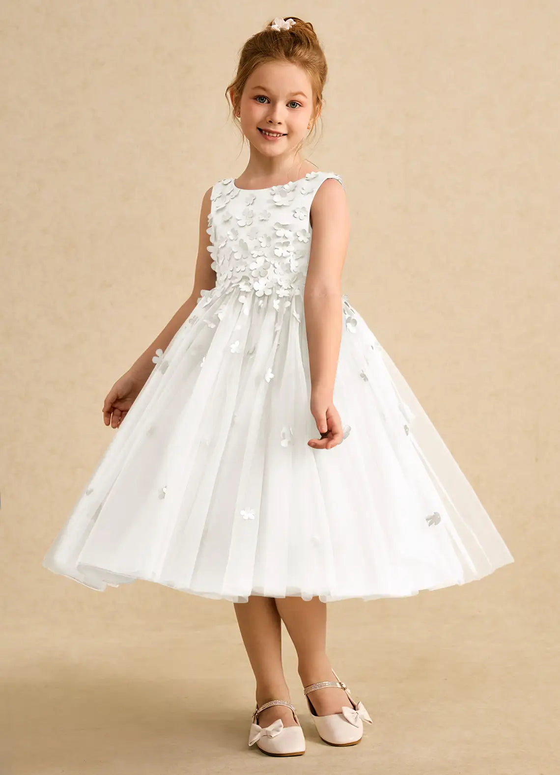 Sleeveless Round V-Back Allover 3D Floral White Tulle Midi Flower Girl Dresses