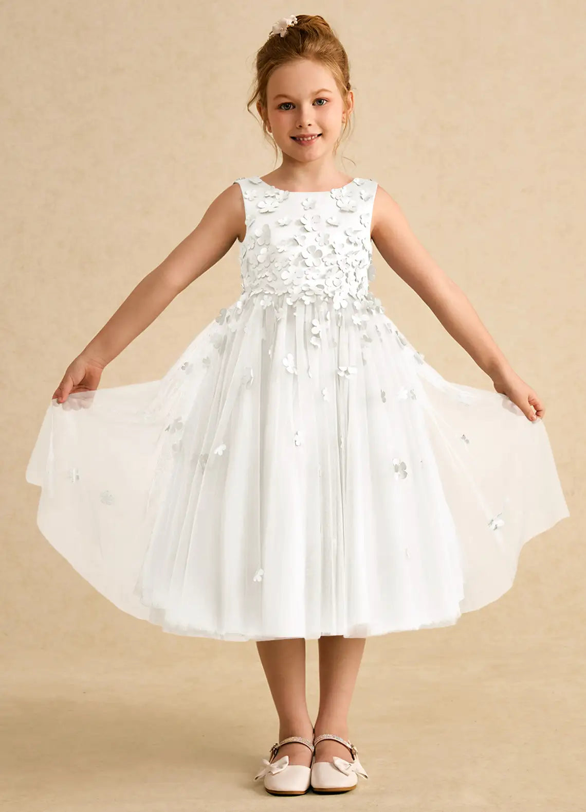 Sleeveless Round V-Back Allover 3D Floral White Tulle Midi Flower Girl Dresses