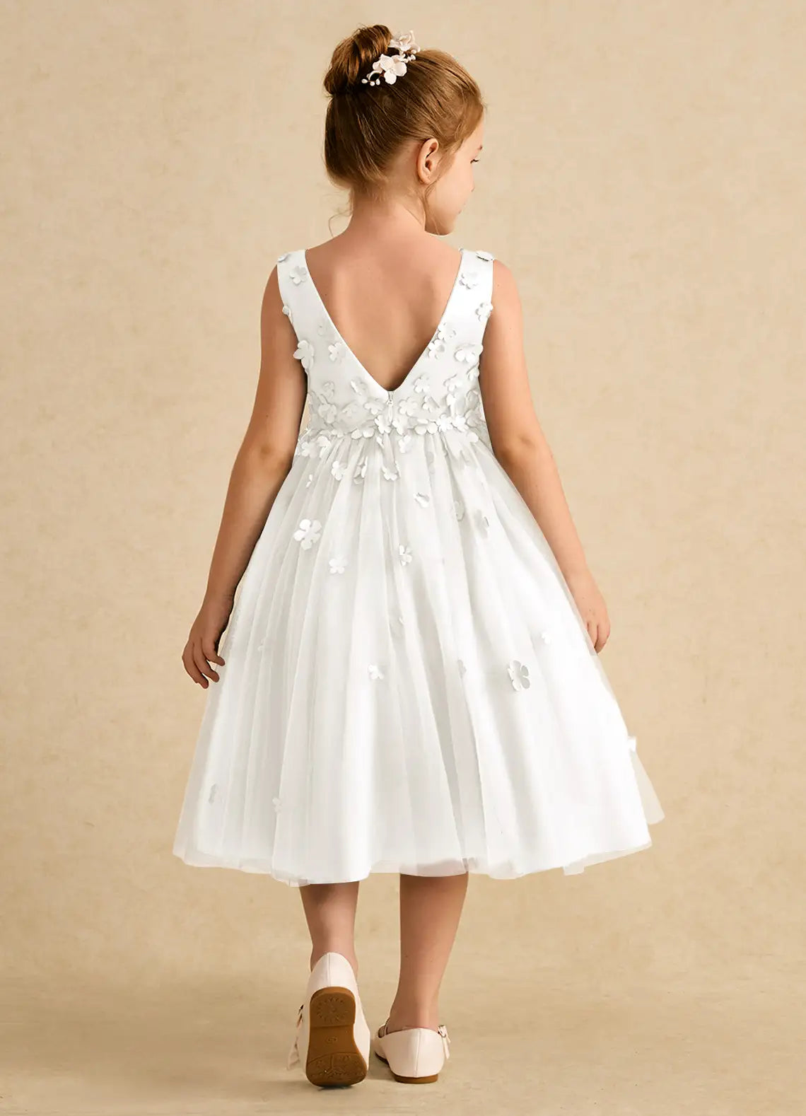 Sleeveless Round V-Back Allover 3D Floral White Tulle Midi Flower Girl Dresses