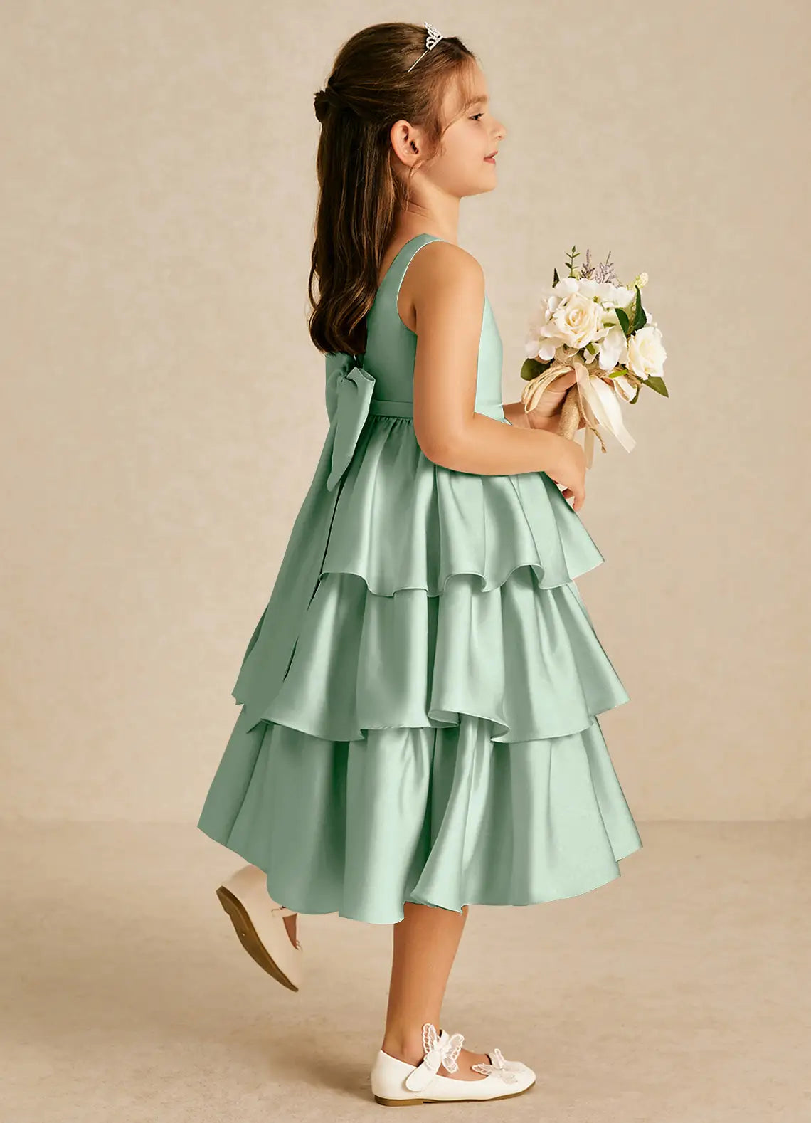 Sleeveless Round V-Back Big Self-Tie Bow Multi-Layer Ruffle Sage Green Satin Midi Flower Girl Dresses