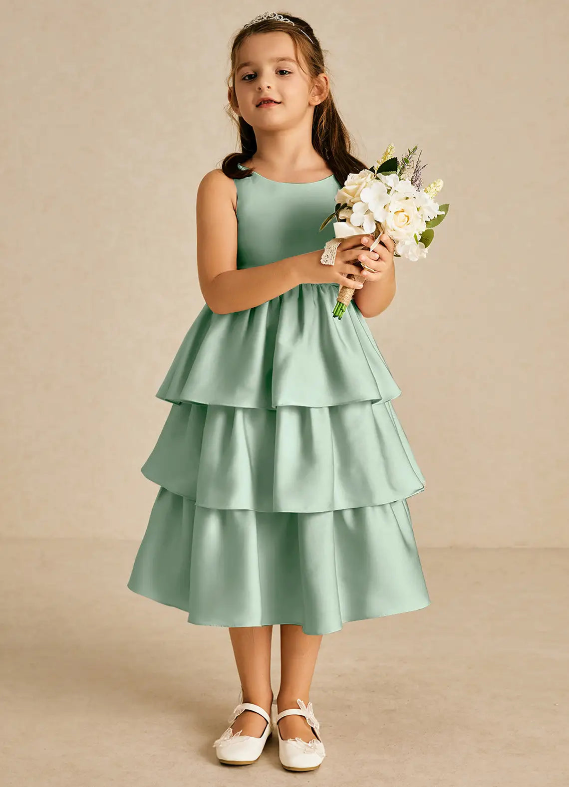 Sleeveless Round V-Back Big Self-Tie Bow Multi-Layer Ruffle Sage Green Satin Midi Flower Girl Dresses