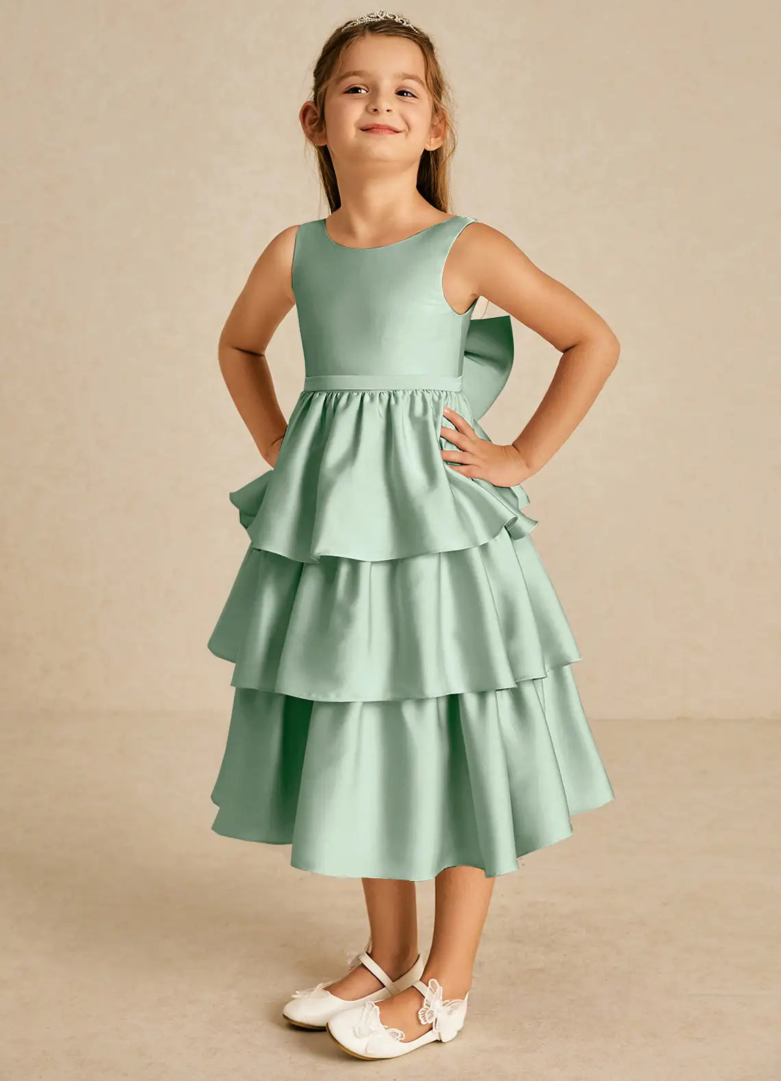 Sleeveless Round V-Back Big Self-Tie Bow Multi-Layer Ruffle Sage Green Satin Midi Flower Girl Dresses